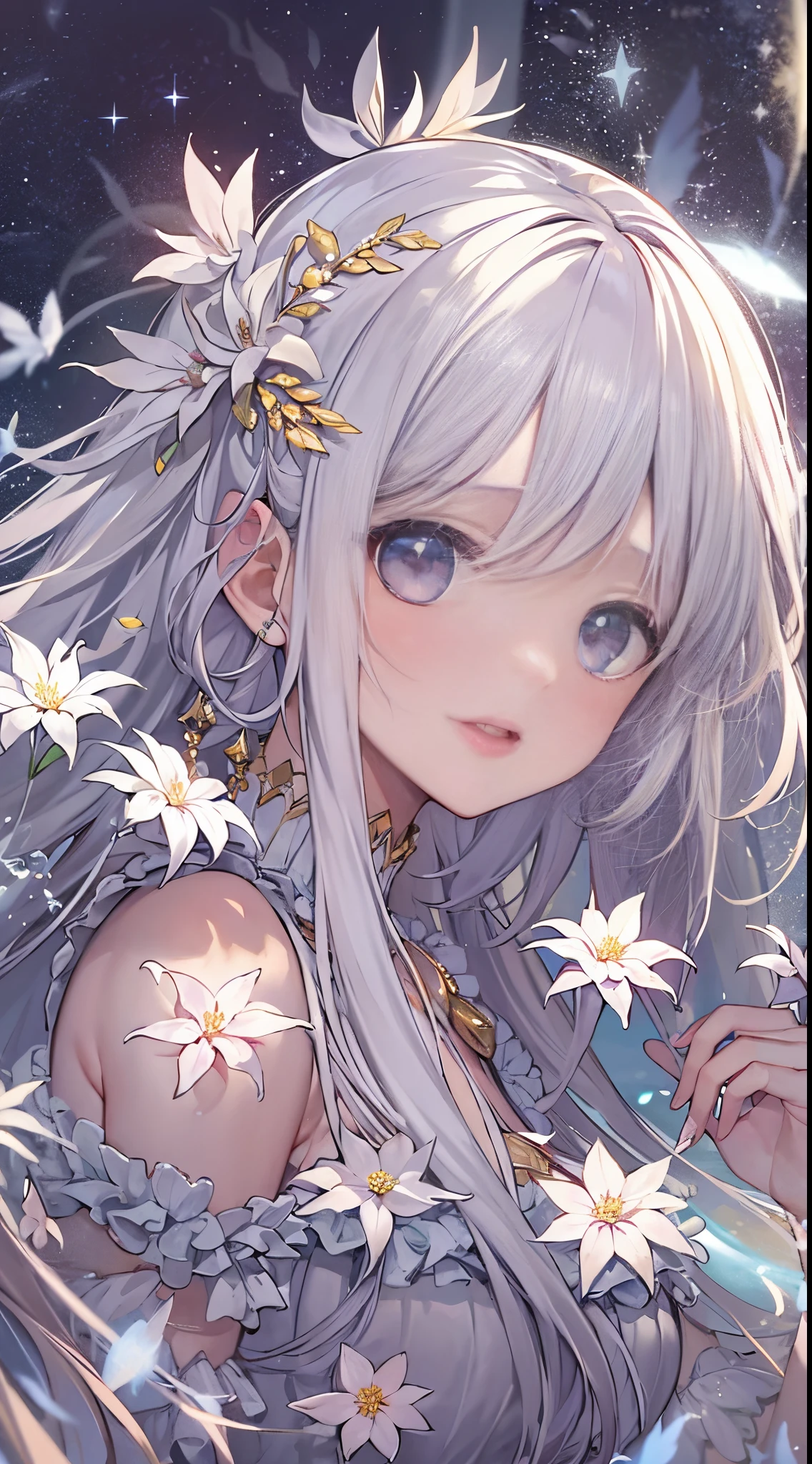 High level of image quality、high high quality、masterpiece、dream-like、Sparkling poinsettias、sparkling petals flyinany petals、vibrancy、Silver-haired girl one、eyes with brightness、Eyes seem to be sucked in、Fascinating、airbubble、dramatics、cheek with hand、Enlarge your face、Moon Night、large full moon、Four big wings like angeleautiful background and lots of text