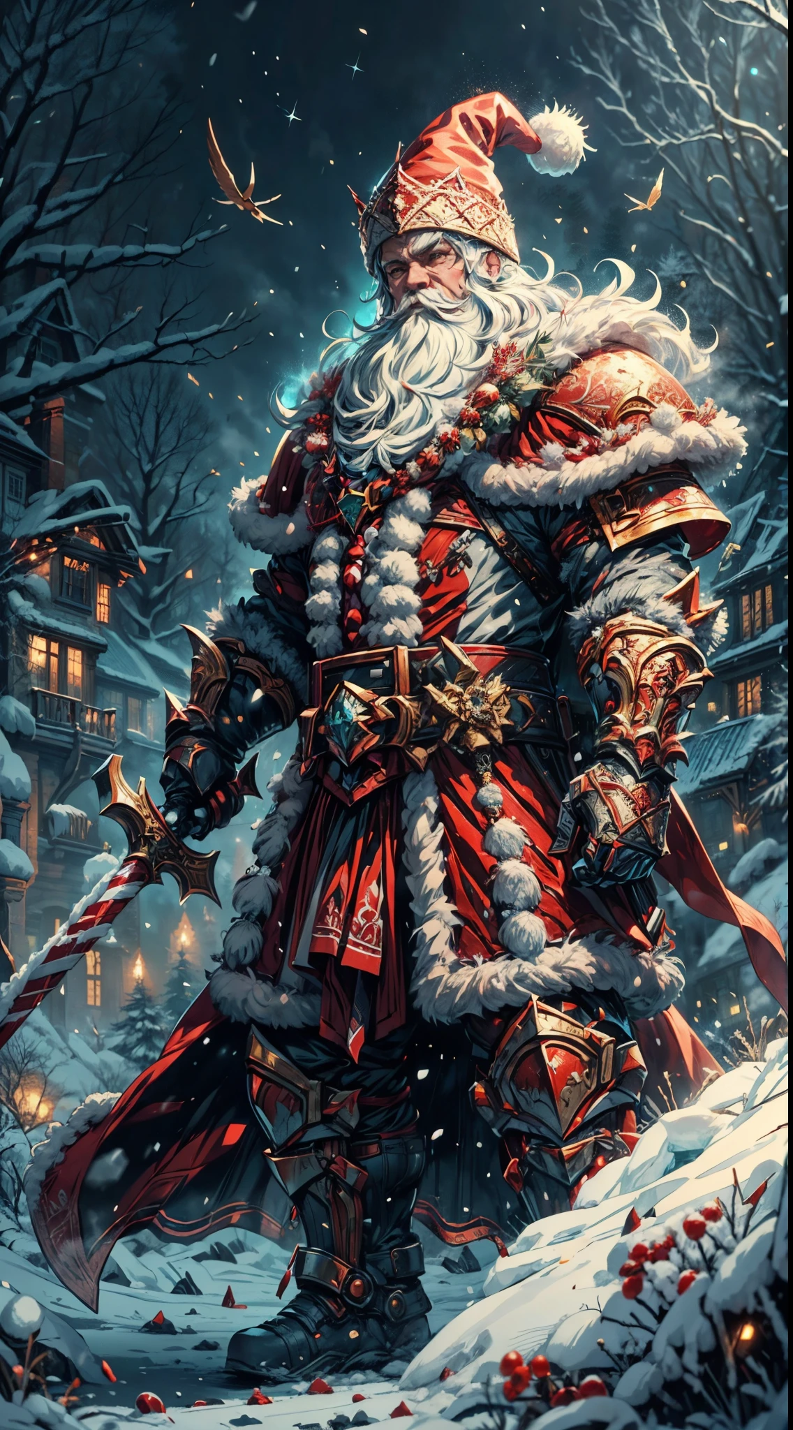 Santa Claus as the boss of the game "Dark Souls" in the Christmas DLC,best quality,4k,8k,highres,masterpiece:1.2,ultra-detailed,realistic:1.37,[HDR],[UHD],[studio lighting],extremely detailed face,beautiful detailed eyes,beautiful detailed lips,long eyelashes,[physically-based rendering],powerful physique,wearing a red and white armor suit with intricate designs,[imposing presence],holding a mighty candy cane [greatsword],surrounded by a snowy landscape,with large icicles hanging from the environment,casting a golden aura,[epic battle scene],intense fire and smoke effects,[vivid colorokeh],blue and white color scheme with hints of gold, dramatic lighting with warm highlights and cool shadows.