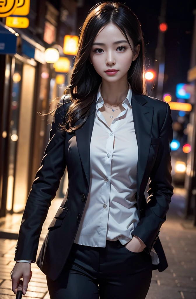 (Photoreal Stick:1.5, masutepiece:1.5, 8K), top-quality, masterpiece, 超A high resolution, Perfect dynamic composition, Professional camera work:1.3, Grow Light Effect, Mystical portrait, Cinematic Light:1.3, Highly detailed skin and facial texture:1.3, The ultra-detailliert, Clear face, Detailed hand, A detailed eye, Calm, Totally captivates you, in a business suit, night view at night