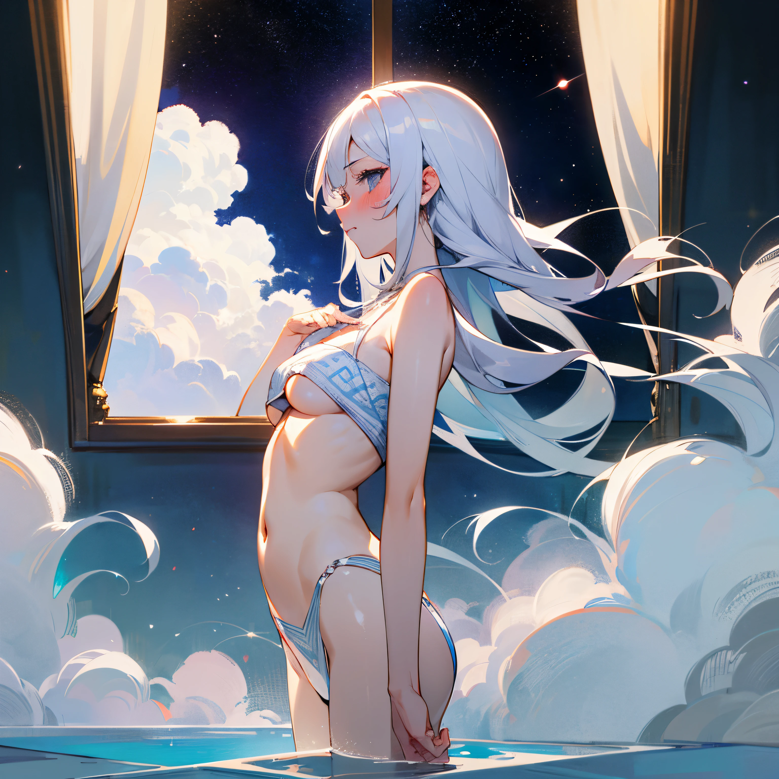 tmasterpiece,quality,Best quality at best,offcial art,Beauty and aesthetics,Upper part of the body,seen from the side,looking at viewert,Patterned,white color hair,Long gray hair,Eau,liquids,clouds,janelas,Starry,Small under the chest,Large exposed breastlushed shyly