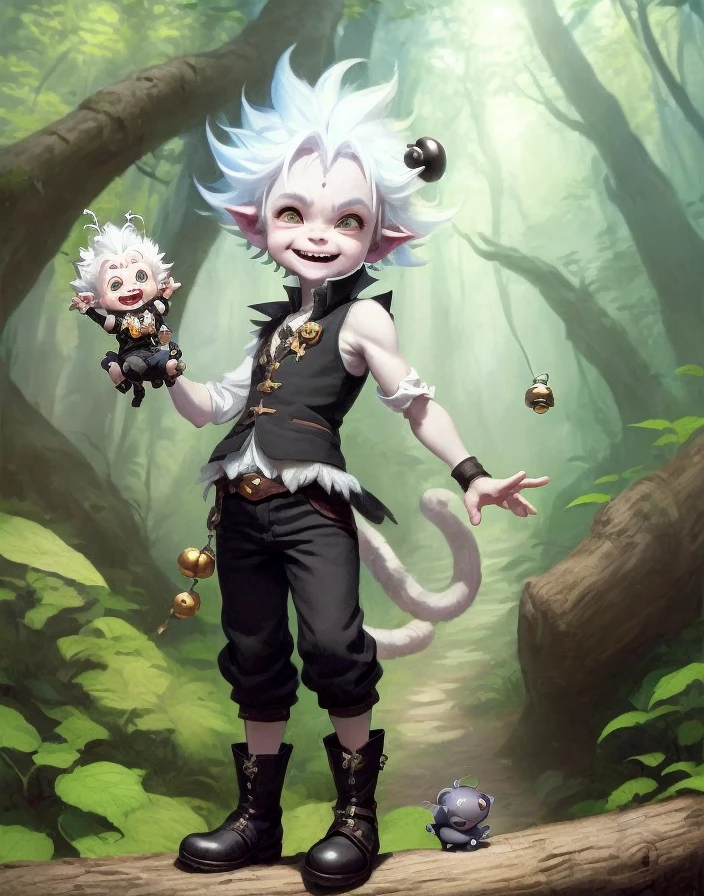 a small male imp with white hair, insect antennae, monkey tail, black vest with bells, cheeky expression, crazy hair, childlike, black pants and boots, fantasy forest in background, big eyes, sunny day, laughing, gleeful, by justin gerard, short legs