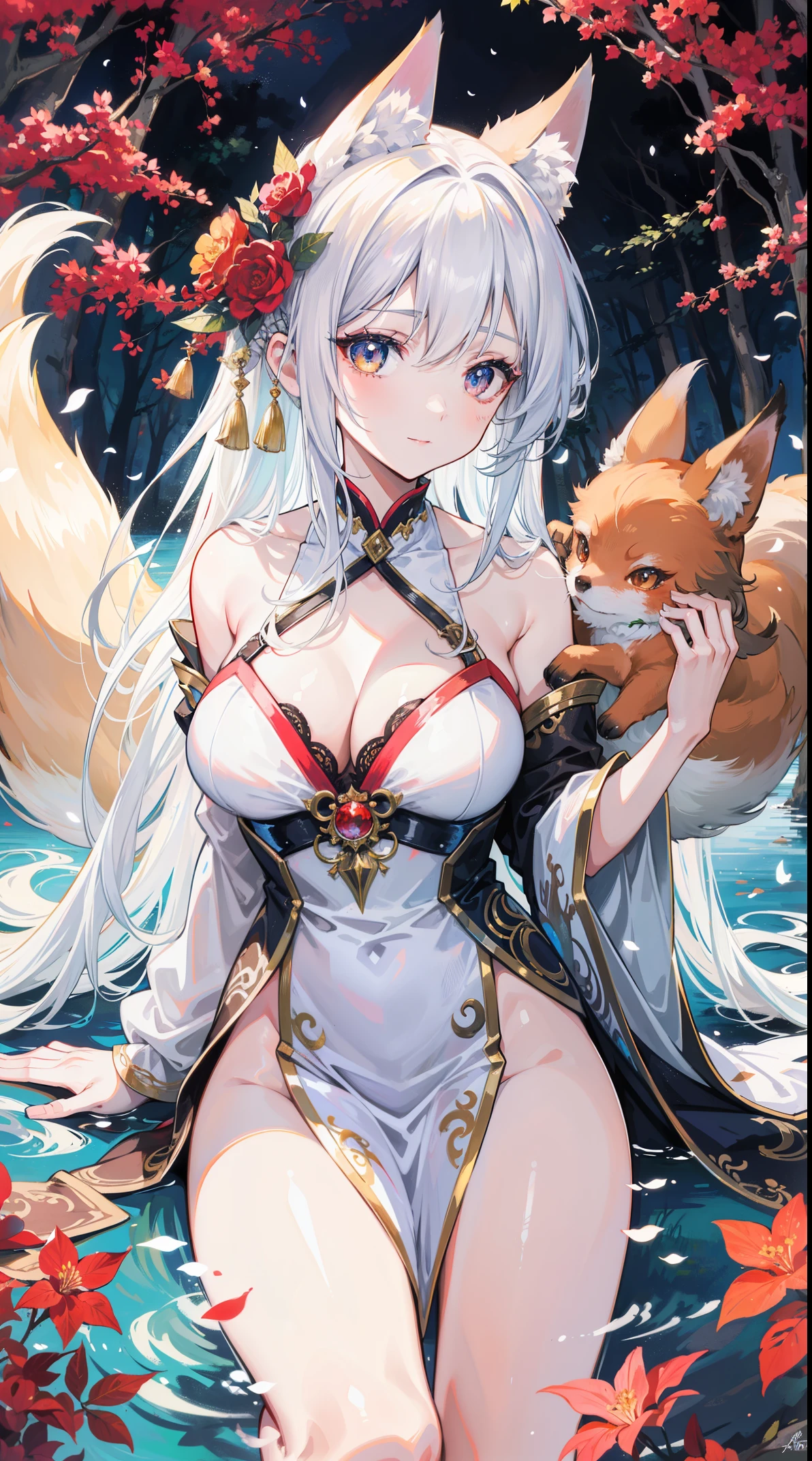 a mesmerizing portrait of a fox spirit, with enchanting eyes and a mischievous smile. The fox spirit has a graceful and alluring appearance, with flowing fur and a slender body. The fur is vibrant and glossy, with a mix of fiery red, golden, and white tones, creating a captivating color palette. The eyes are deep amber, shining with a mysterious wisdom and playful energy. The lips are delicately curved, adding to the fox spirit's captivating charm.
The artwork is created using a combination of traditional painting techniques and digital rendering, resulting in a rich and textured medium. The brushstrokes are visible, adding depth and dimension to the artwork. The details of the fur are meticulously rendered, showcasing the intricate patterns and textures. The painting style has a touch of fantasy and magic, with hints of whimsy and enchantment.
The scene is set in a lush forest, with dappled sunlight streaming through the canopy of trees. The fox spirit stands on a moss-covered rock, surrounded by vibrant wildflowers and tall grass. The gentle breeze rustles the leaves and the sound of chirping birds fills the air, creating a serene and mystical atmosphere.
The image quality is of the highest standards, with incredible clarity and sharpness. Every detail, from the individual strands of fur to the intricate patterns on the fox spirit's robe, is brought to life with stunning precision. The colors are rich and vivid, with a harmonious blend of warm and cool tones that adds to the overall atmosphere of the artwork.
The artwork exudes a sense of ethereal beauty and captures the essence of the fox spirit with its captivating gaze and enchanting presence. The lighting is soft and illuminates the scene with a warm and inviting glow, highlighting the fox spirit's features and creating a mesmerizing visual experience.
In summary, this prompt generates an exquisite artwork of a fox spirit, portrayed with captivating eyes, a mischievous smile, and a graceful appearance. The artwork is created using a combination of traditional and digital techniques, showcasing the intricacies of the fur and the enchanting color palette. The scene is set in a lush forest, with dappled sunlight and vibrant wildflowers, creating a serene and mystical atmosphere. The image quality is of the highest standards, with incredible clarity and sharpness, bringing every detail to life. The artwork exudes ethereal beauty, capturing the essence of the fox spirit with its mesmerizing gaze and enchanting presence.