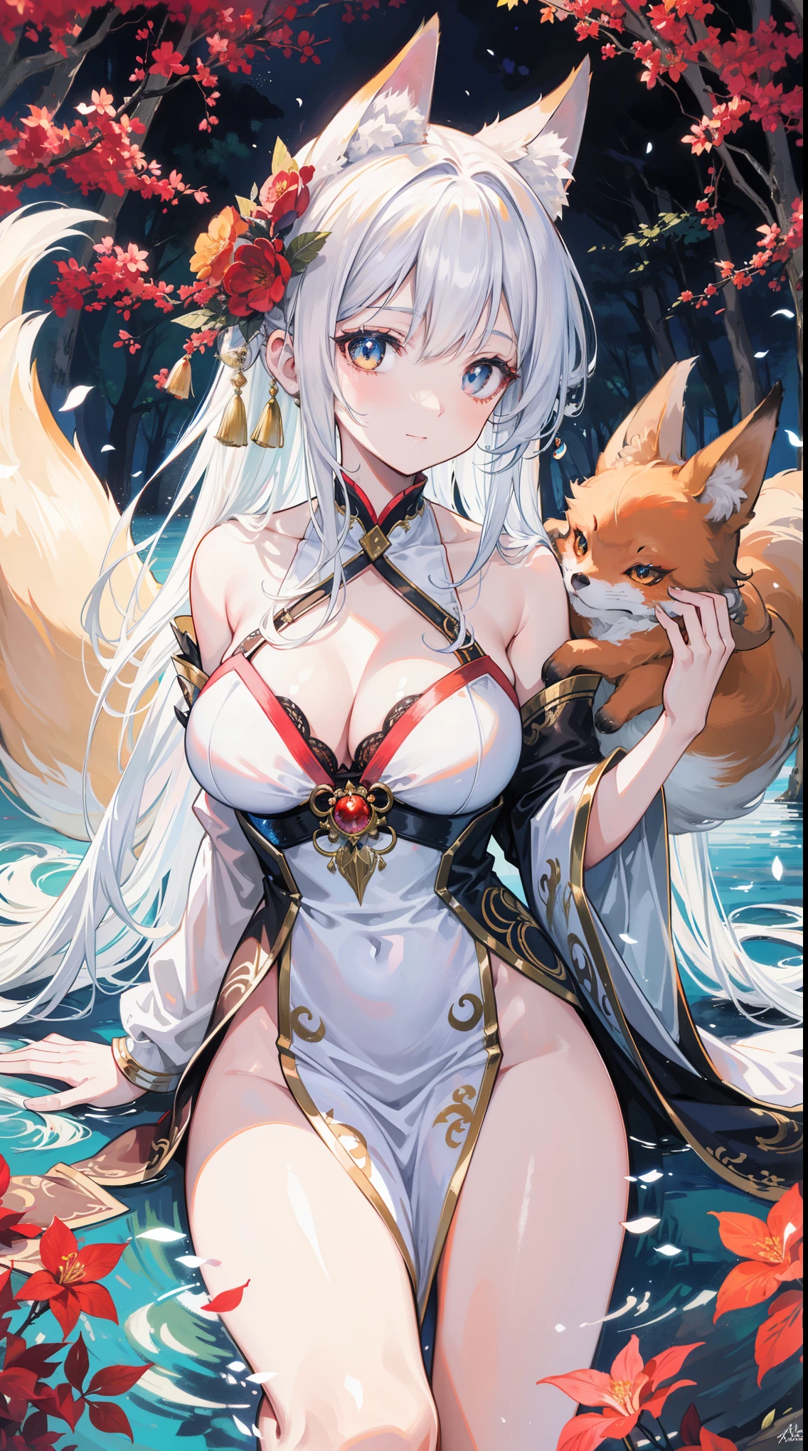 a mesmerizing portrait of a fox spirit, with enchanting eyes and a mischievous smile. The fox spirit has a graceful and alluring appearance, with flowing fur and a slender body. The fur is vibrant and glossy, with a mix of fiery red, golden, and white tones, creating a captivating color palette. The eyes are deep amber, shining with a mysterious wisdom and playful energy. The lips are delicately curved, adding to the fox spirit's captivating charm.
The artwork is created using a combination of traditional painting techniques and digital rendering, resulting in a rich and textured medium. The brushstrokes are visible, adding depth and dimension to the artwork. The details of the fur are meticulously rendered, showcasing the intricate patterns and textures. The painting style has a touch of fantasy and magic, with hints of whimsy and enchantment.
The scene is set in a lush forest, with dappled sunlight streaming through the canopy of trees. The fox spirit stands on a moss-covered rock, surrounded by vibrant wildflowers and tall grass. The gentle breeze rustles the leaves and the sound of chirping birds fills the air, creating a serene and mystical atmosphere.
The image quality is of the highest standards, with incredible clarity and sharpness. Every detail, from the individual strands of fur to the intricate patterns on the fox spirit's robe, is brought to life with stunning precision. The colors are rich and vivid, with a harmonious blend of warm and cool tones that adds to the overall atmosphere of the artwork.
The artwork exudes a sense of ethereal beauty and captures the essence of the fox spirit with its captivating gaze and enchanting presence. The lighting is soft and illuminates the scene with a warm and inviting glow, highlighting the fox spirit's features and creating a mesmerizing visual experience.
In summary, this prompt generates an exquisite artwork of a fox spirit, portrayed with captivating eyes, a mischievous smile, and a graceful appearance. The artwork is created using a combination of traditional and digital techniques, showcasing the intricacies of the fur and the enchanting color palette. The scene is set in a lush forest, with dappled sunlight and vibrant wildflowers, creating a serene and mystical atmosphere. The image quality is of the highest standards, with incredible clarity and sharpness, bringing every detail to life. The artwork exudes ethereal beauty, capturing the essence of the fox spirit with its mesmerizing gaze and enchanting presence.