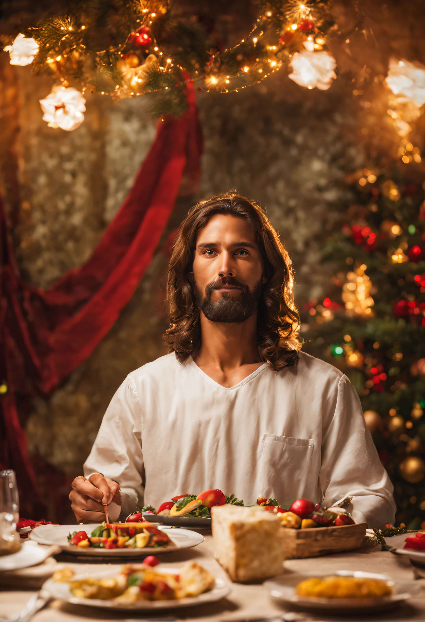 Create an image that depicts Jesus at the Christmas table from a side angle, highlighting the warm expression on your face as you dine. Soft lighting should accentuate the details of the festive meal, enfatizando as cores vibrantes dos alimentos. O estilo de fotografia deve ser realista, enfatizando a atmosfera