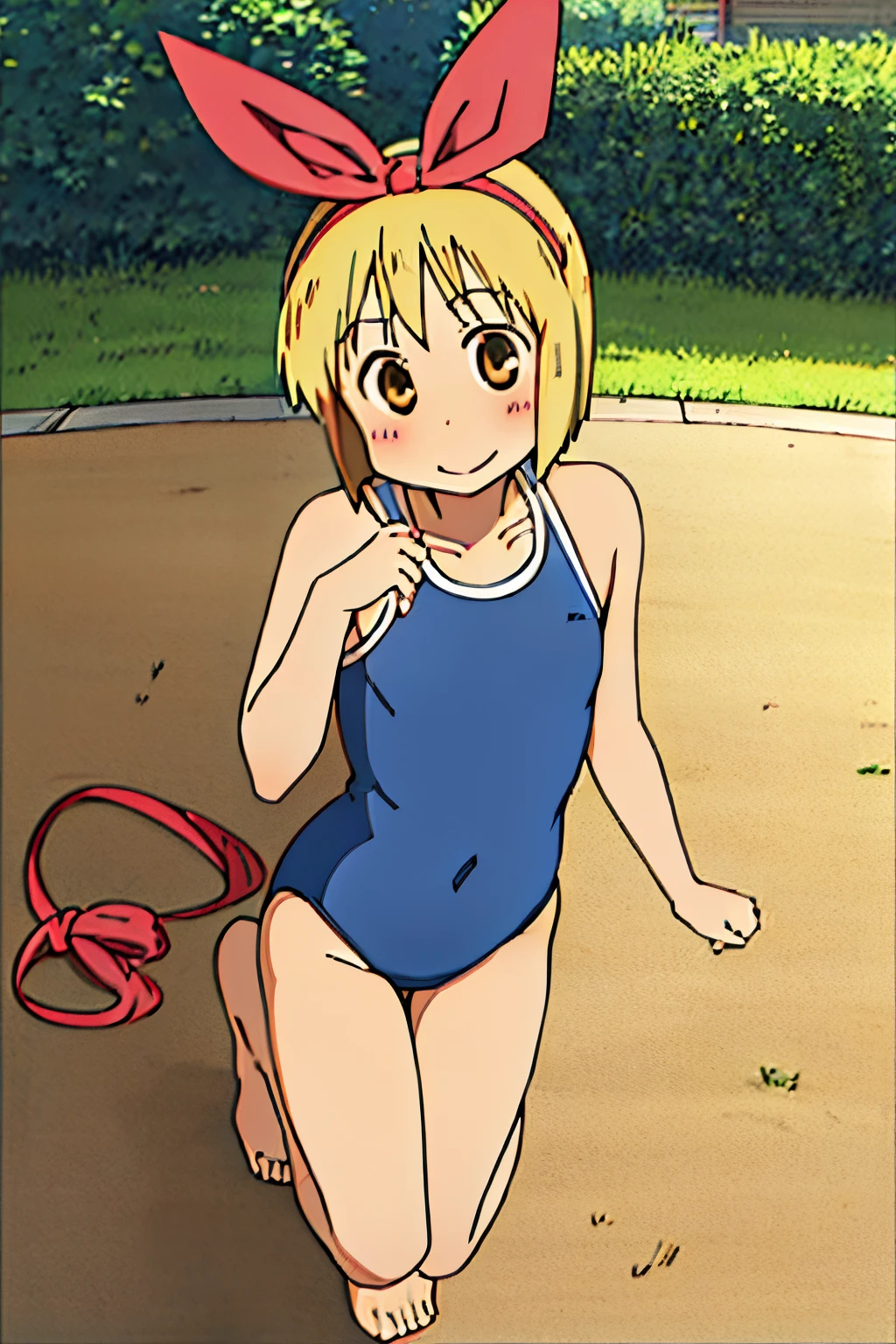 Haruna Annaka, blonde, short hair, big red ribbon on head, yellow eyes, high school student, beautiful drawing, full body, detailed background, smile, blush, navy blue school swimsuit, flat chest, summer, outside, sunlight, navy blue one-piece swimsuit