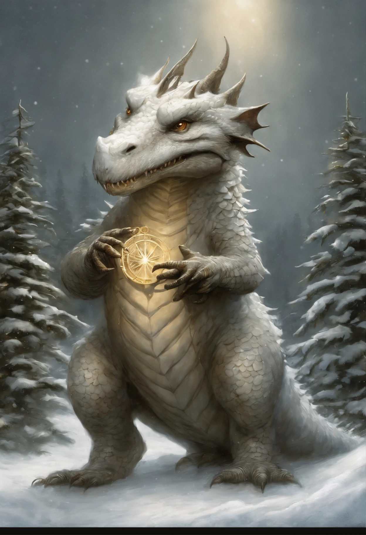 真实感, dark fantasy style, John Tolkien style, Small painting by Jean-Baptiste Monge, the dragon hugs the Christmas tree with its tail, winter, Snow is falling, huge christmas tree, a huge white dragon hugs a Christmas tree, large white dragon with golden crest, anatomically correctly drawn body, Looks like an ancient dragon, Santa Claus near the Christmas tree, The city, megalopolis, city trail, Big Christmas tree, glass skyscraper, Jean-Baptiste Monge, anthropomorphic --ar 2:3 --testp -optimistic;