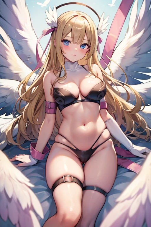 blonde hair, a military pattern bra, a military pattern lingerie, a military pattern underwear, long hair, blue eyes, angel wings,large breasts, bare shoulders, elbow gloves, feathered wings, gloves, head wings, navel, pink ribbon, ribbon, single elbow glove, single glove, thigh strap, wings