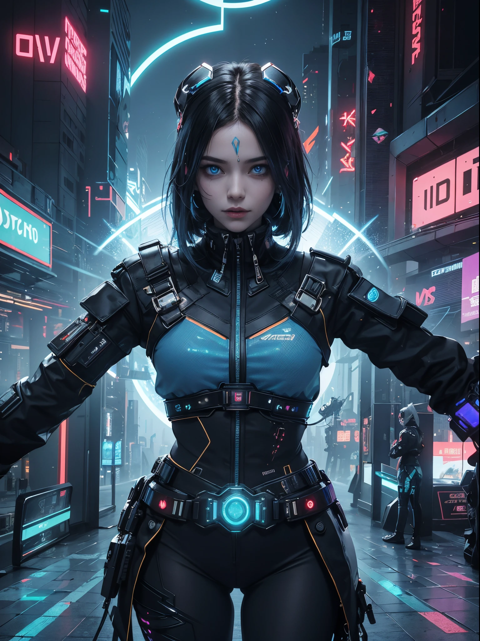 Portrait of a futuristic female,An engaging portrayal of a cyberpunk hacker, deeply engrossed in a virtual reality environment.He's wearing a dark, futuristic garb adorned with neon embellishments, and his eyes are hidden behind an advanced The space around him is alive with holographic code spiraling around him, interspersed with futuristic UI displays that seem to float in the air. The backdrop is filled with a sprawling digital cityscape, punctuated by towering structures,neon billboards, and a digital sky filled with binary code.The art style is a surreal mix of cyberpunk, showing evident influences from Deviantart and Ghost.Indian costume with yollow blue headdres