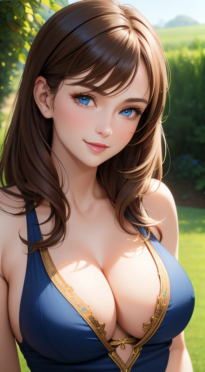 masterpiece, best quality), intricate details, beautiful 30 year old woman, Brown hair, pale skin, blue eyes, sharp jawline, skimpy blue tank top, pretty lips, upper body, close up, smile, big breasts, cleavage, sunny field