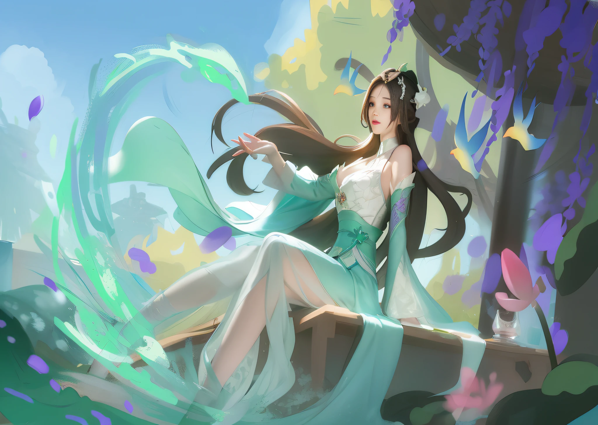 Anime girl sitting on bench by the lake，There are green and blue water splashes, author：heroes, G Liulian art style, fantasy art style, Belle peinture de personnage, 宮 ， A girl in Hanfu, A beautiful artistic illustration, Inspired by Lan Ying, Artgerm and Atey Ghailan, Three Kingdoms Kill，Wisteria flowers，ancient buildings，lotus lotus leaf，