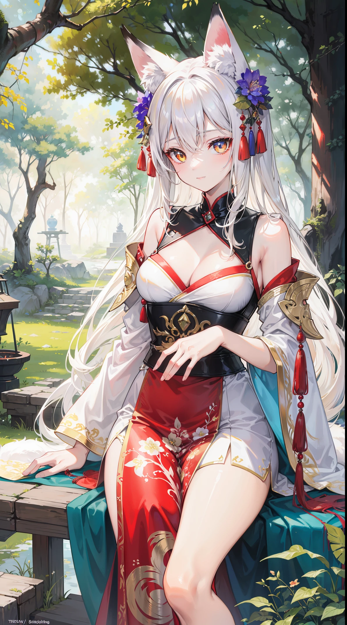 Artwork, best quality, high resolution, mature woman, sexy shenhe \(genshin impact\), tall 1.95 cm, white hair, braided horse, white hair, long hair, earrings, blue eyes, hair ornaments, hair over a eyes, parted lips, wearing a white Chinese oriental style dress, sexy silhouette, milf body, big sexy rails, big ass is wide, in a Chinese oriental pavilion, outdoors, steam, looking at the viewer,
