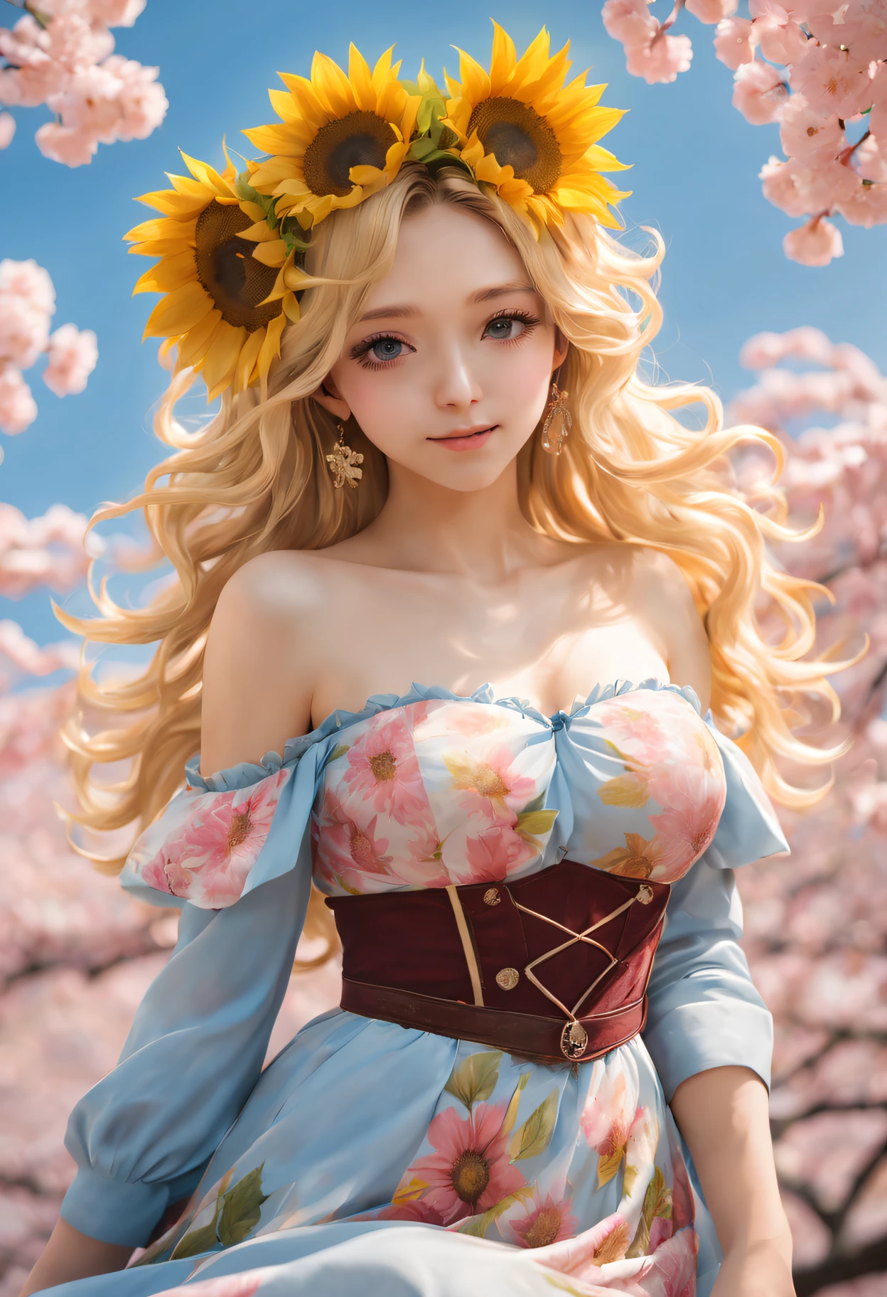 (golden sunflower art), like a dream, cherrie_blooming flower, fall_petals, petals, Branch, Pink_Flowers, 1 busty girl,20yr old, blue_sky sky, springtime_(seasons), petals_show on_liquids, Flowers, hanami, a skirt, (Long curly blonde hair：1.5),Wearing a garland,sky sky, Outdoor sports, cloud, through bangs, ssmile, Pink_eyed, Sakura white dresshoulder, ear nipple ring, fail_Flowers, ventania, that tree, lookingat_show on_Peek at viewers,cow boy shooting,Best quality,4K,8K,A high resolution,tmasterpiece:1.2,ultra - detailed,actual:1.37,[HighDynamicRange] [hyper HD],