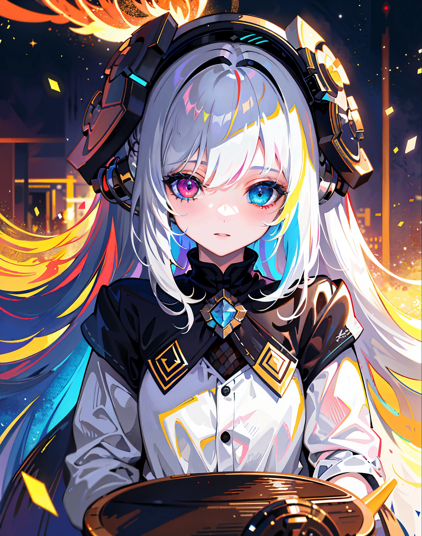{{masterpiece}}, best quality, extremely detailed CG unity 8k wallpaper, cinematic lighting, lens flare, beautiful detail eyes, black,  side glance,  multicolor hair, colorful light, particles, heterochromia, (colorful:1.5), (colorful hair:1.5),