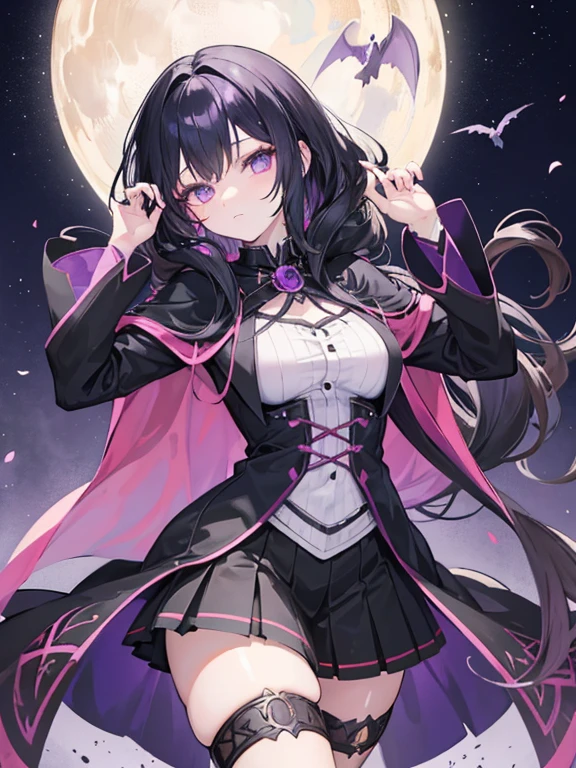 black hair　pink eyes　villain　smile　thighs　uniform　throne　long hair　