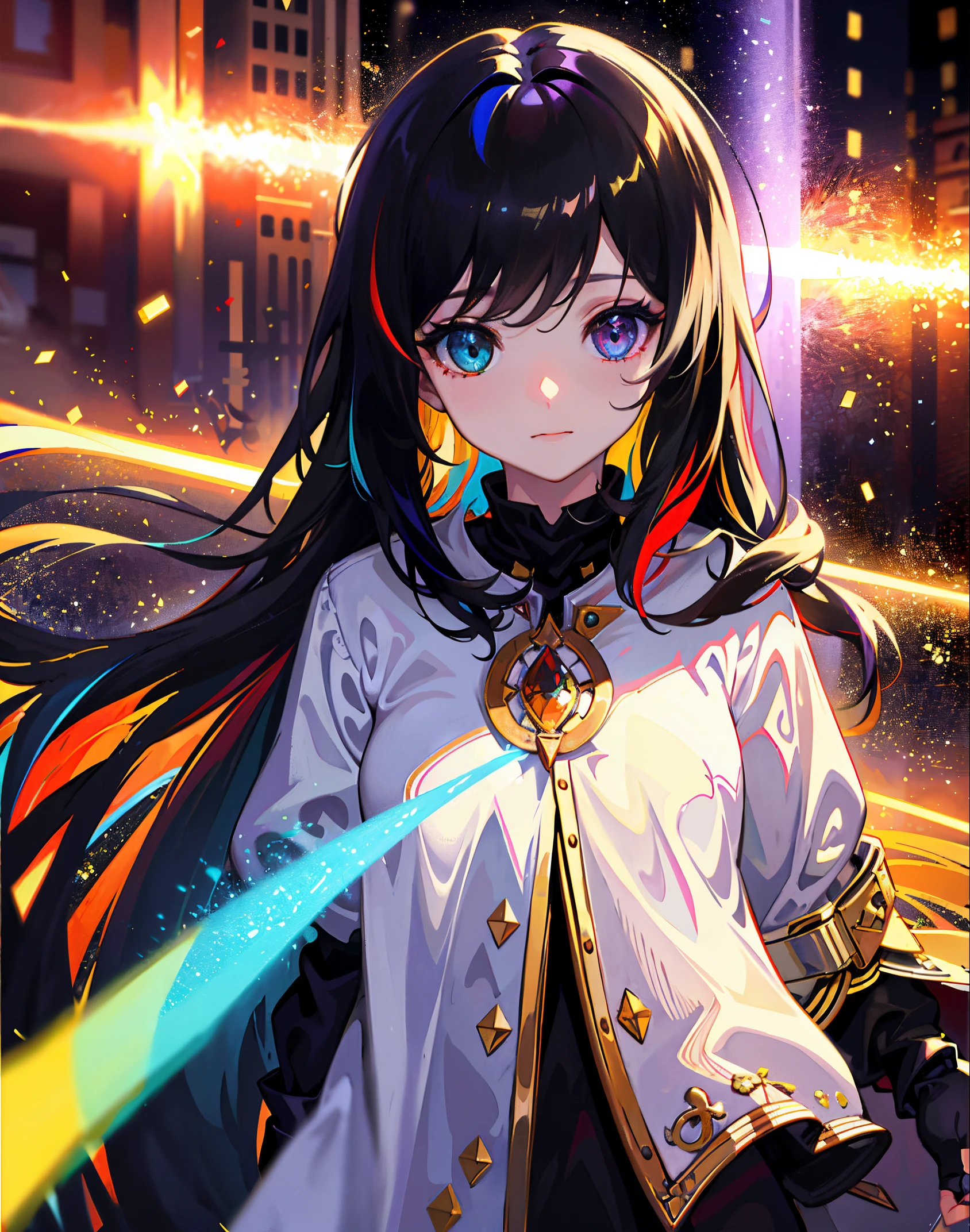 {{masterpiece}}, best quality, extremely detailed CG unity 8k wallpaper, cinematic lighting, lens flare, beautiful detail eyes, black, side glance, multicolor hair, colorful light, particles, heterochromia, (colorful:1.5), (colorful hair:1.5),