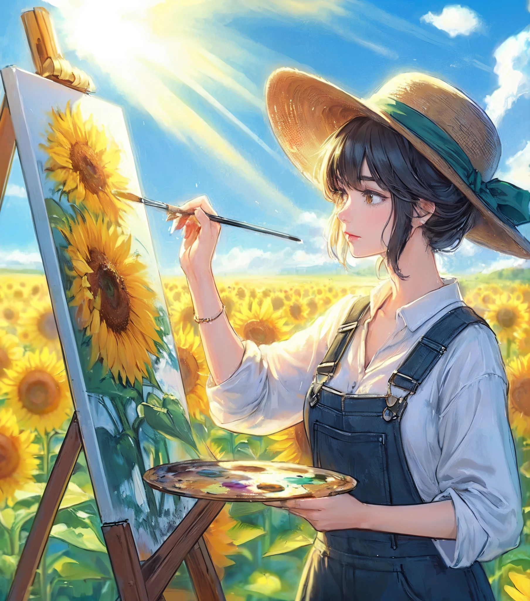 1lady solo, (painting (a sunflower oil painting) on a canvas), (stylish outfit) overalls (hat with a green hatband:1.1), mature female, /(black hair/) bangs, (eyes filled with concentration), (masterpiece best quality:1.2) delicate illustration ultra-detailed, large breasts BREAK (painting of a sunflower), (painting brush), (palette of paintREAK (field of sunflowers under the blue sky) outdoors