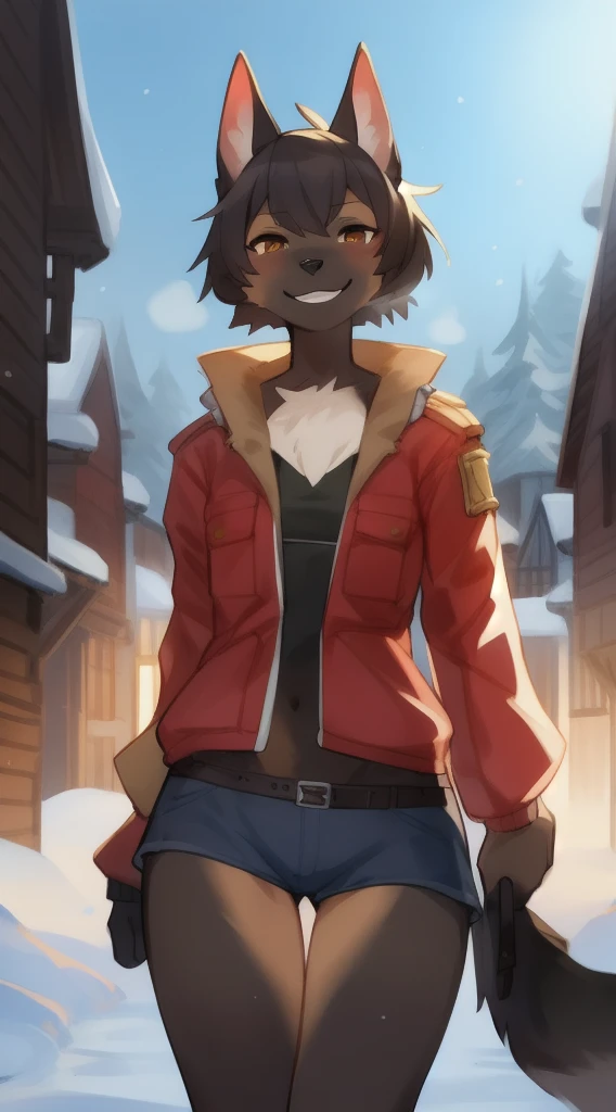 独奏, (A  girl:1.2), , eye liner, lips, Short shorts, long-sleeved jacket, Adventure Clothing, dnd, Author: Bebebebebe, Belgian Shepherd Groenendael, black fur color, Fluffy, Black lip gloss, Short Hair Hair, small waist, wide hips,  Slim, the perfect body, The dominant point of view, predatory smile, steam from the body, The winter is coming,