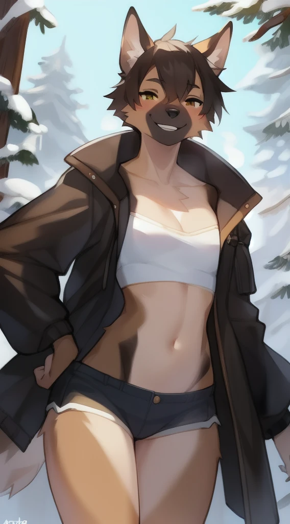 独奏, (A girl:1.2), , eye liner, lips, Short shorts, long-sleeved jacket, Adventure Clothing, dnd, Author: Bebebebebe, Belgian Shepherd Groenendael, black fur color, Fluffy, Black lip gloss, Short Hair Hair, small waist, wide hips, Slim, the perfect body, The dominant point of view, predatory smile, steam from the body, The winter is coming,