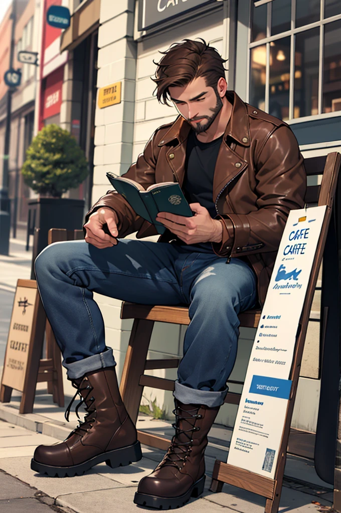 ((brown leather jacket)), dark blue jeans, ((brown gore-tex boots)), short beard, brown hair, reading in café