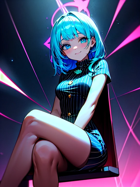 ((​masterpiece、top-quality:1.5、a high chroma:1.5、ultra-detailliert、high-resolution illustrations:1.5、Ultra-high-definition CG、8k size wallpaper、offcial art))、,(highly colorful:1.5),(front view:1.5),(1girl),(Cute little girl:1.5)、(Shining blue eyes:1.5),(Beautiful face:1.5,Beautiful eyes:1.5)、(close to viewer:1.5),((sit on the desk、 crossed legs:1.5)),
(forced smile:1.3)、(sexy body),(pinstripe pattern ホルターネックdress:1.5), (Beautiful pinstripe pattern ホルターネックdress in every detail),(high heel boots),(medium breasts:1.5),,(Shining blue eyes:1.8)、(cowboy shot:1.5)、(), ,,​​colourfull、