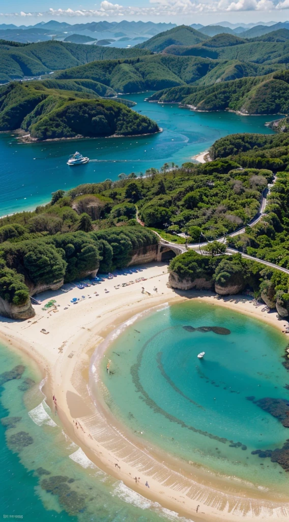Crie uma imagem paradisiaca onde contenha praia e montanhas, como vista em altitude em alta qualidade, feito de camer fotografica profissional 4k