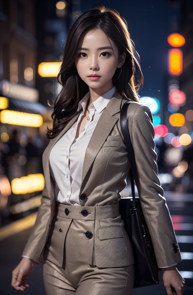 (Photoreal Stick:1.5, masutepiece:1.5, 8K), top-quality, masterpiece, 超A high resolution, Perfect dynamic composition, Professional camera work:1.3, Grow Light Effect, Mystical portrait, Cinematic Light:1.3, Highly detailed skin and facial texture:1.3, The ultra-detailliert, Clear face, Detailed hand, A detailed eye, Calm, Totally captivates you, in a business suit, night view at night, Dark brown hair