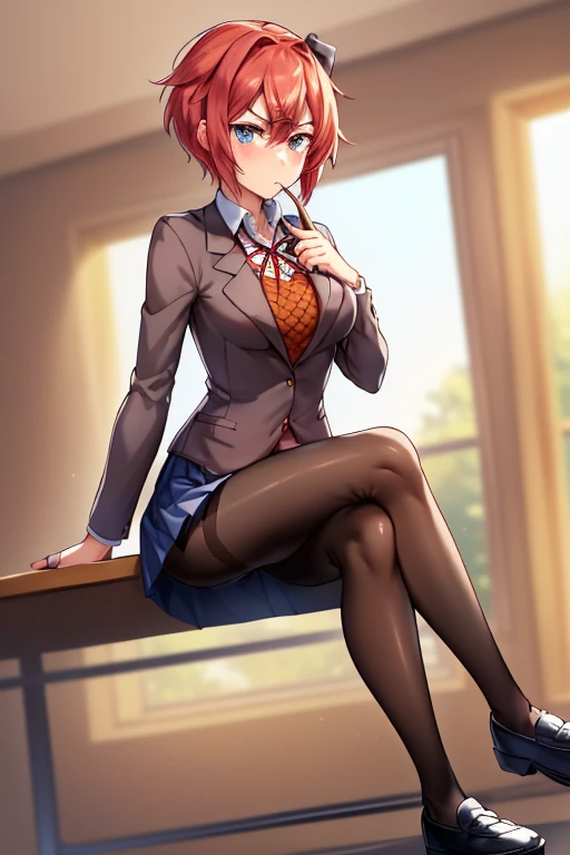 2d, masterpiece, ((sitting on table:1.4)), ((crossed legs)), living room, floor, best quality, ((full body)), full pose, anime, highly detailed, cowboy shot, 1girl, solo, sayori, blue eyes, pink hair, hair bow, short hair, ((red hair bow)), medium breast, school uniform, blazer, brown sweater, collared shirt, neck ribbon, blue skirt ((black loafers)), slim body, slim legs, ((serious face)), blushing, red face, ((black pantyhose:1.4)),((point of view down)),((point of view from floor)), ((finger on moutch:1.4)), school background,