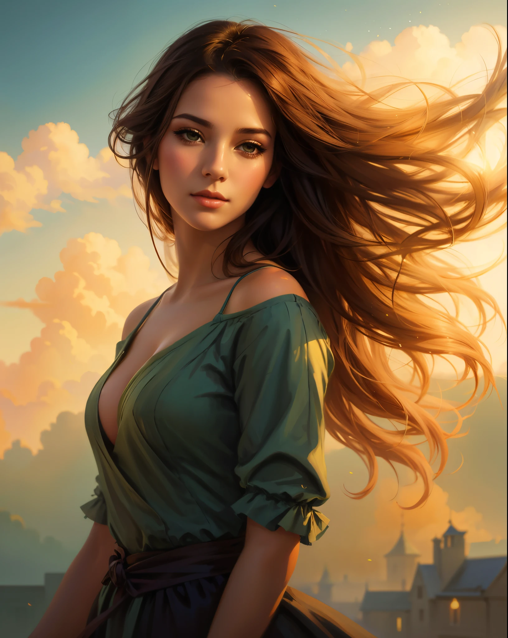d'une femme aux cheveux longs dans une robe verte, gorgeous digital painting, WLOP et RHADS, beautiful digital painting, Rob Rey, RHADS et Lois van Baarle, stunning digital painting, Rob Rey et Kentarõ Miura style, Fantastic art portrait, beautiful fantasy art portrait, Fantastic art portrait, Belle peintureonnage, artgerm portrait