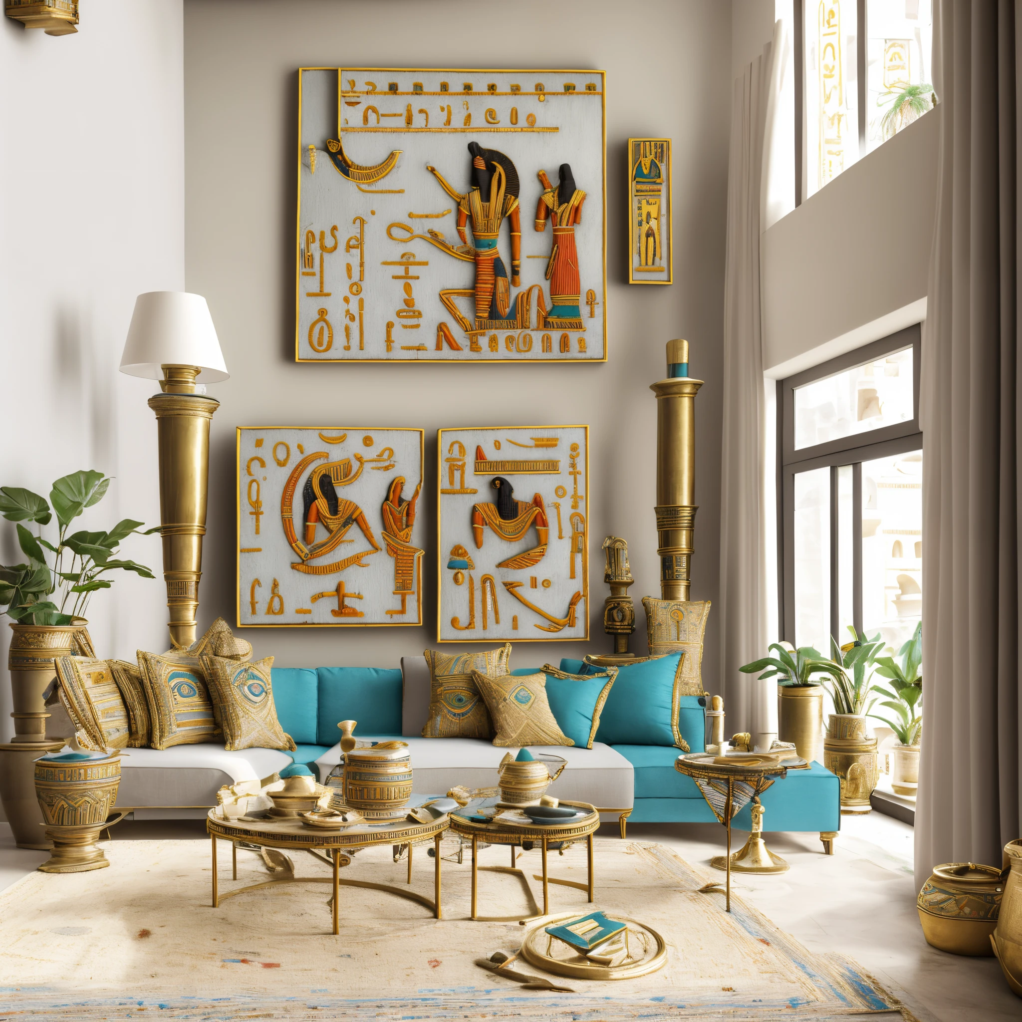 a close up of a living room with a couch and a table, egyptian style, colorful ancient egyptian city, egyptian atmosphere, colorful city in ancient egypt, egyptian setting, ancient egyptian mural, egyptian art, egypt themed art, egyptian environment, ancient egypt art, ancient egypt painting, wonderful masterpiece, ancient egyptian art, sacred ancient architecture, ornately detailed