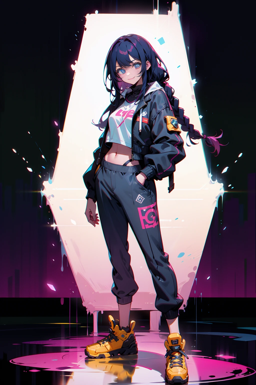 doom \(league of legend\), 1girl ,pixar-style, Smilingly,Alone, woven, Double up braid, (blue long hair), Surprised eyes,tattoo is, (opens his eyes wide:0.9),See the audience, arm tattoos, medium, lookingat_Shown in_peeking at the viewer, short_the hair, mitts, navel, fail, blue_There are eyes, everlasting, full_body, arma, footwear, collars, Black_mitts, septum, hooded, the hair_exceed_Yoon_There are eyes, guns, cropper_top, hoody, Black_trouser, athletic sneakers, fail_, cropped_jaket, Ed_Shown in_pocket, cyber punk personage, cropped_hoody
