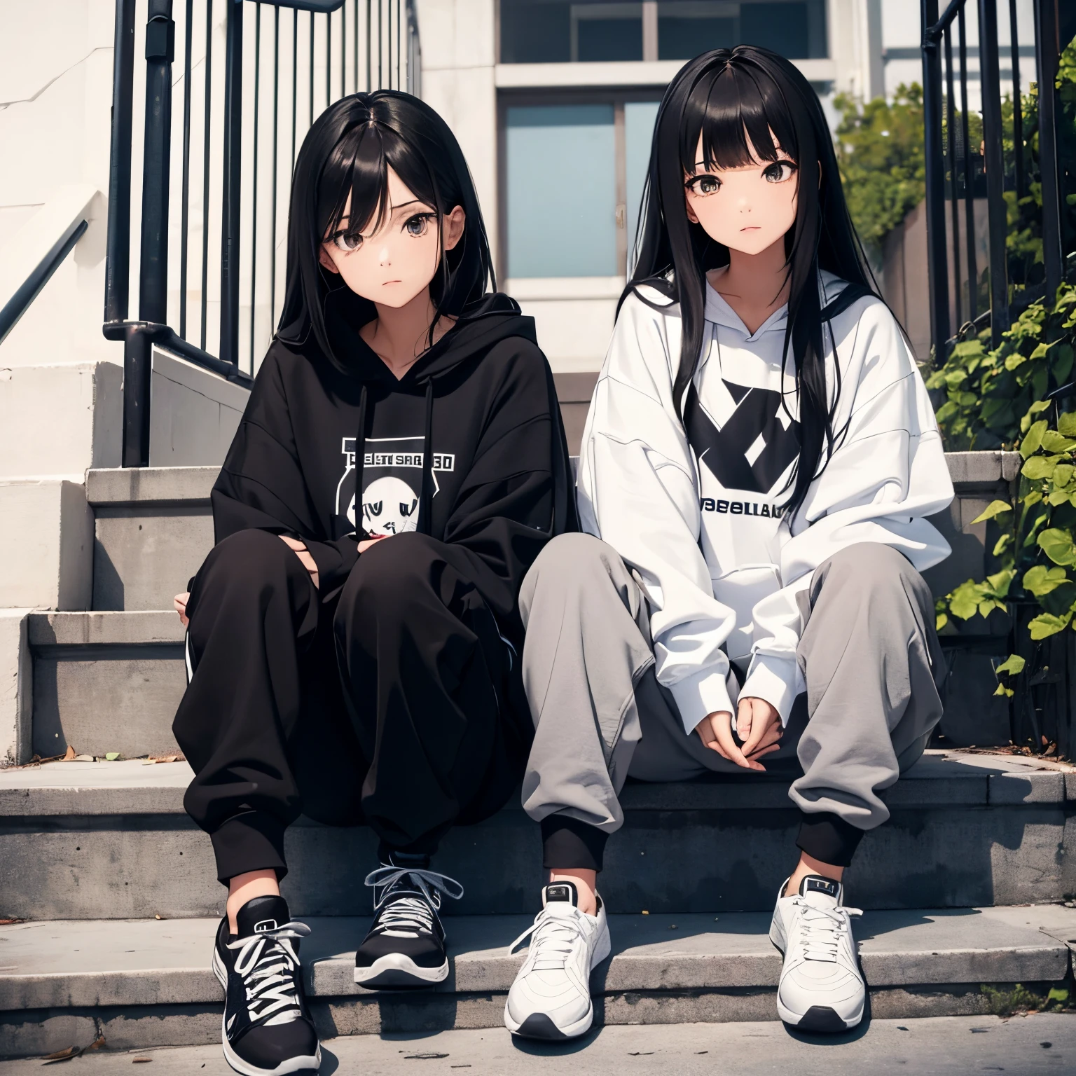 Two beautiful cute girls, long black hair, black hoodie, trousers, sneakers, decent, sit, stairs