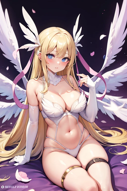 blonde hair, a wedding pattern bra, a wedding pattern lingerie, a wedding pattern underwear, long hair, blue eyes, angel wings,large breasts, bare shoulders, elbow gloves, feathered wings, gloves, head wings, navel, pink ribbon, ribbon, single elbow glove, single glove, thigh strap, wings