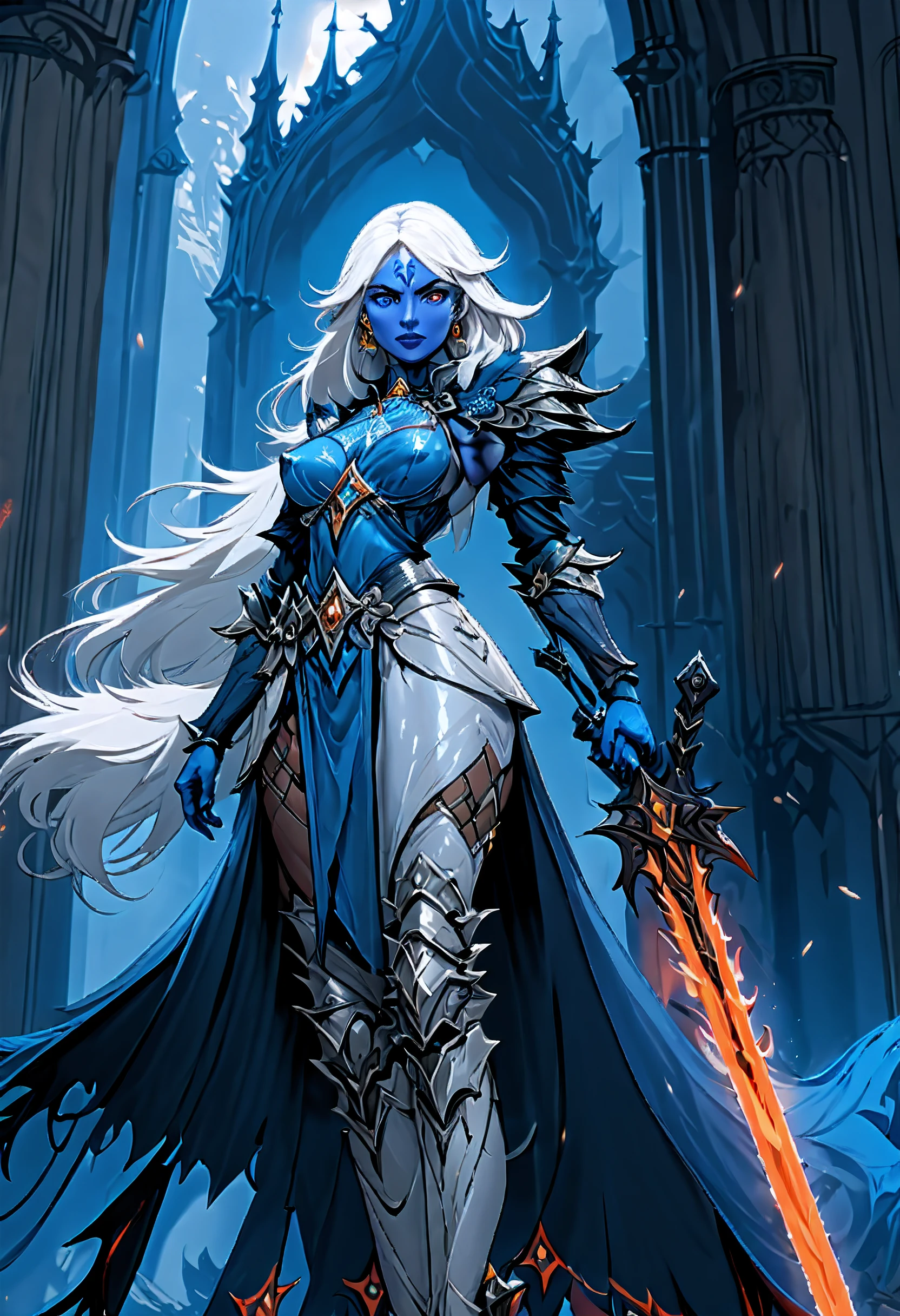 fantasy art, dnd art, RPG art, drkfntasy wide shot, (masterpiece: 1.4) portrait, intense details, highly detailed, photorealistic, best quality, highres, glowing particle portrait a vedalken female (fantasy art, Masterpiece, best quality: 1.3) (blue skin: 1.5), intense details facial details, exquisite beauty, (fantasy art, Masterpiece, best quality)cleric, divine warrior, messenger of god(blue colored skin: 1.5) blue skinned female, (white hair: 1.3), long hair, intense green eye, fantasy art, Masterpiece, best quality) armed a fiery sword red fire, wearing heavy (white: 1.3) half plate mail armor CM-Beautiful_armor wearing high heeled laced boots, wearing an(orange :1.3) cloak, wearing glowing holy symbol GLOWING EARRINGS, within fantasy temple background, reflection light, high details, best quality, 16k, [ultra detailed], masterpiece, best quality, (extremely detailed), close up, ultra wide shot, photorealistic, RAW, fantasy art, dnd art, fantasy art, realistic art,