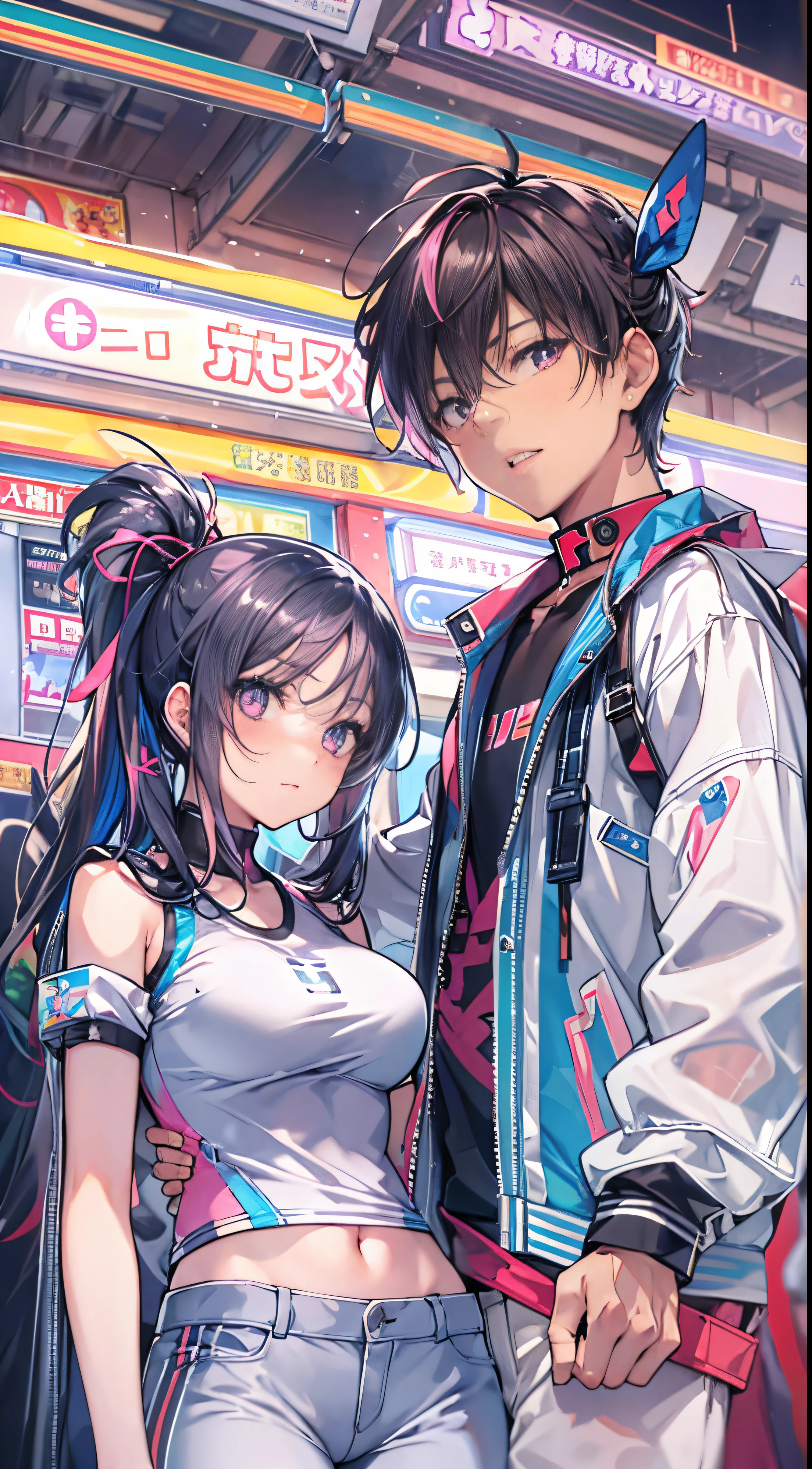 ((tmasterpiece)), Best quality, Huang Li, ultra - detailed, a hologram, cow boy shooting, the golden ratio, super cute girls, Mature girl, Idol girl, Super beautiful asian girl，Have very beautiful violet glowing eyes, Beautiful shiny brown multicolored hair, high ponytails, Beautiful harmony , Slim, perfect body figure, Wear super tight anime print pantyhose, Anime print super tight off-the-shoulder long-sleeved crop top, Super pretty transparent mini jacket, beautiful hair ornaments, Pink Jordan Tennis, Hanging out with her handsome nerdy skinny boyfriend, With messy black shiny hair, In arcade games