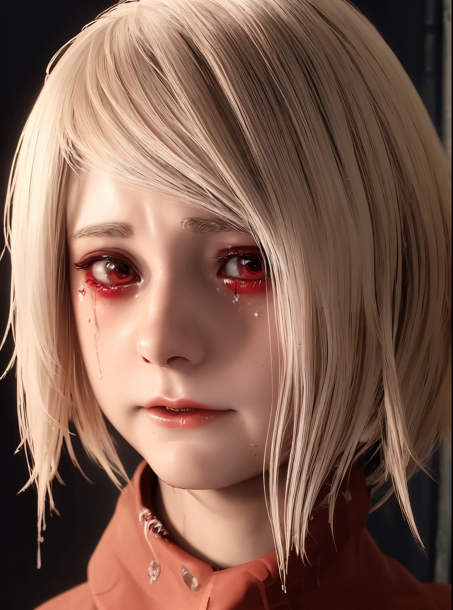 a close up of a girl with a bleeding nose and a red nose, red tears, realistic digital painting, bloody tears, crying tears of blood, emotional sad painting, with a hurt expression, tears dripping from the eyes, sad expression, realistic digital art, crying, crying tears, ultra realistic digital painting, detailed realistic expressions, very realistic digital art, abused