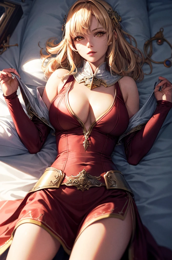 8K, Fantasy, Delicate face, (Highly detailed CG Unity 8K wallpaper),(Ultra-detailed), (Best Illustration),(((masutepiece, Highest Quality, accuracy, ultra-detailliert)))),((female cleric)),(fantasy female monk),(Colossal tits),(erotick),a blond,Golden Eyes,A slender, Pretty Face, On Body, Tindall Effect, Realistic, (High Detail Skins: 1.2), 8K UHD, Digital SLR, Soft light, High quality, Volume Light, Sneak Shots, Photo, High resolution, 4K, 8K, Background blur, Lying on his back on the bed,