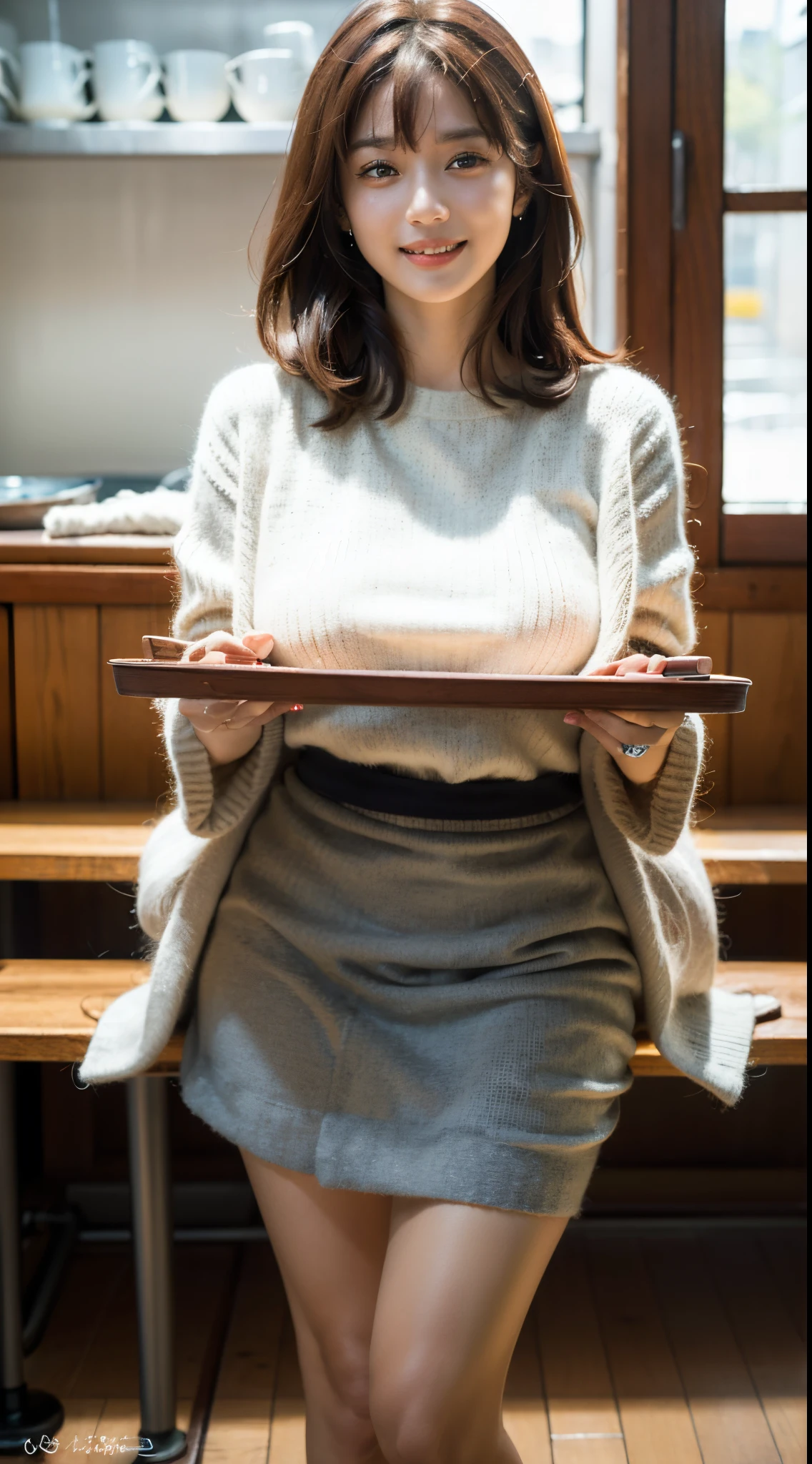 (Best Quality, Masterpiece, Photo realistic, Ultra Detailed, ultra high res, raw:1.3), (1girl, pretty Japanese), (smile), (knit sweater), (breasts on tray, round tray), mini-skirt, cafe, bangs,