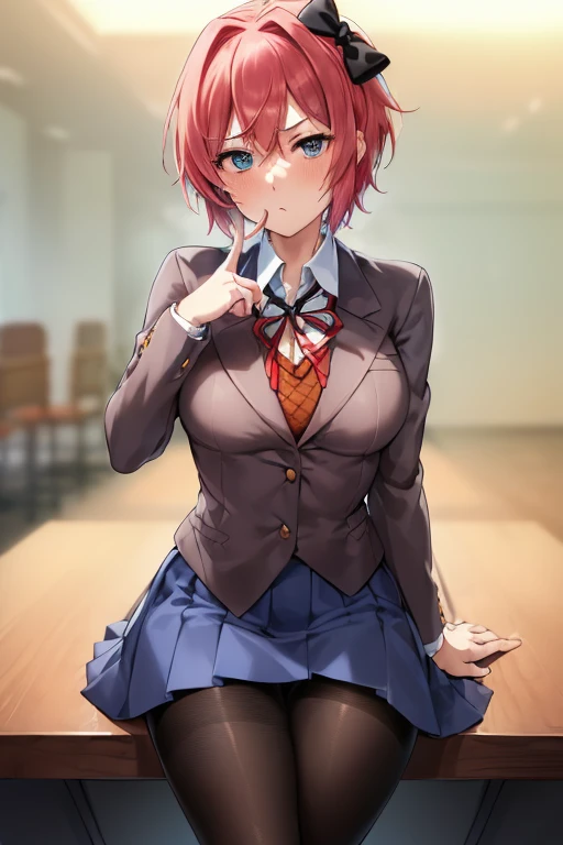 best quality, high resolution, unity 8k wallpaper, (illustration:0.8), (beautiful detailed eyes:1.6), extremely detailed face, perfect lighting, extremely detailed CG, (perfect hands, perfect anatomy), 2d, masterpiece, ((sitting on table:1.4)), ((crossed legs)), living room, floor, best quality, ((full body)), full pose, anime, highly detailed, cowboy shot, 1girl, solo, sayori, blue eyes, pink hair, hair bow, short hair, ((red hair bow)), medium breast, school uniform, blazer, brown sweater, collared shirt, neck ribbon, blue skirt ((black loafers)), slim body, slim legs, ((serious face)), blushing, red face, ((black pantyhose:1.4)),((point of view down)),((point of view from floor)), ((finger on moutch:1.4)), school background,