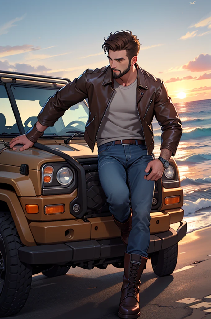 ((brown leather jacket)), dark blue jeanrown gore-tex boots)), short beard, brown hair, driving a jeep, sunset, ocean