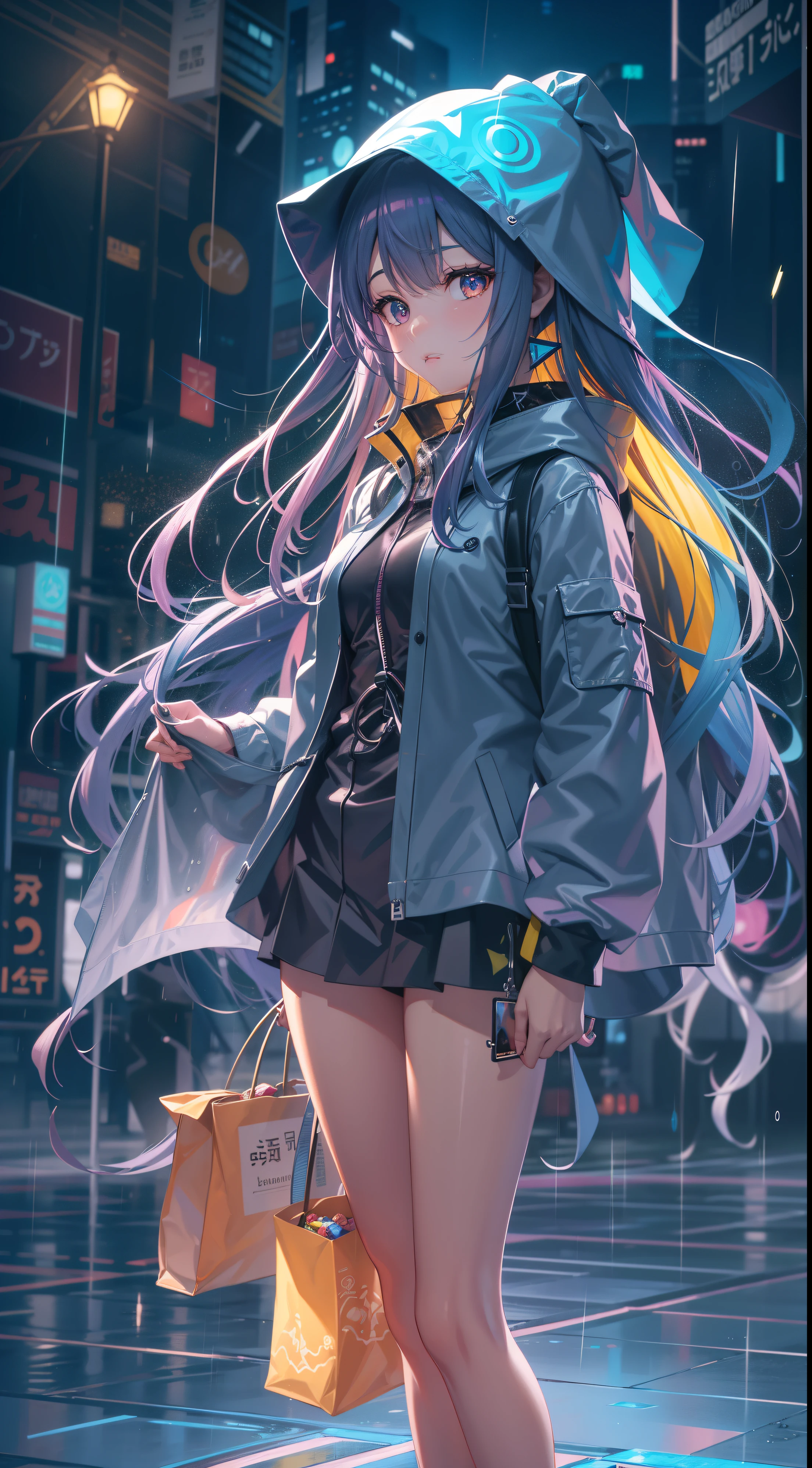 Best quality at best，16K quality，Anime girl standing in rain in raincoat, Rainbow color illustration, magically glowing, Shiny and colorful, a hologram, author：Yumi, Anime art wallpaper 8 K, Guvitz-style artwork, Anime art wallpaper 4k, Anime art wallpaper 4k, girl in raincoat, beautiful anime artwork, digital anime art, Guviz
