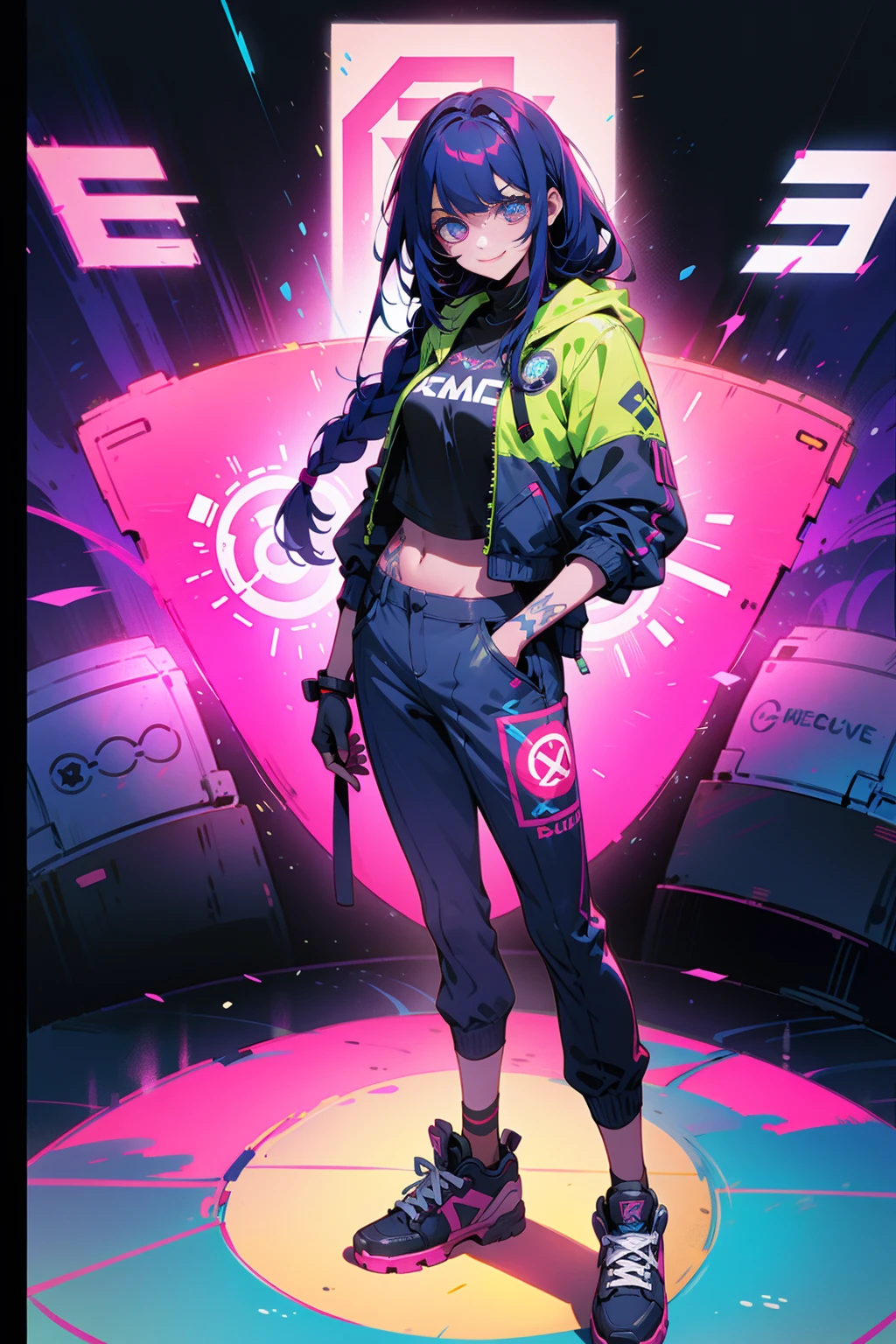 doom \(league of legend\), 1girl ,pixar-style, Smilingly，Alone, woven, Double up braid, (blue long hair), Surprised eyes,tattoo is, (opens his eyes wide:0.9),See the audience, arm tattoos, medium, lookingat_Shown in_peeking at the viewer, short_the hair, mitts, navel, fail, blue_There are eyes, everlasting, full_body, arma, footwear, collars, Black_mitts, septum, hooded, the hair_exceed_Yoon_There are eyes, guns, cropper_top, hoody, Black_trouser, athletic sneakers, fail_, cropped_jaket, Ed_Shown in_pocket, cyber punk personage, cropped_hoody