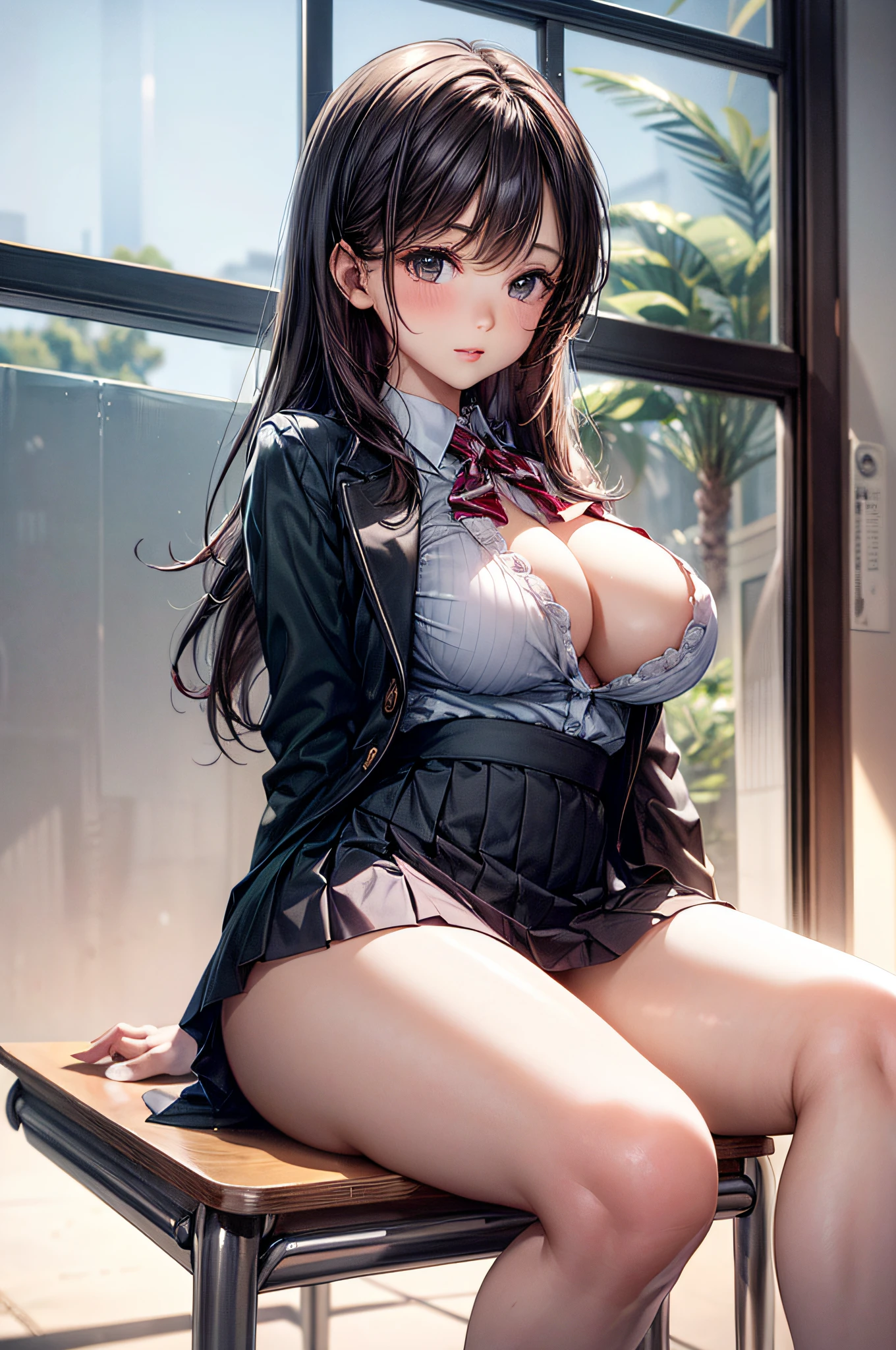 1 Beautiful Girl, Beautiful face, (Slender body:1.2), Realistic, extremely detailed CG unified 8k wallpaper, ighly detailed, High-definition raw color photos, professional photograpy, Realistic portrait, Cinematic Light, Beautiful detailed, (Beautiful breasts), (cleavage of the breast:1.2), (Uniform with wide open chest:1.2), (Mini skirt:1.3), (No panties:1.5), cameltoe details, Indoors, School, (sitting on the desk:1.3), ((Legs wide open)), Armpits, (hands behind head), (Best Quality:1.4), Super Detail, High quality, (View from below)