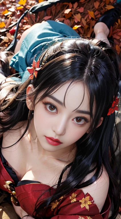 NSFW, (Official art、Best Quality、Unity 8k Wallpapers、32K、masterpiece、ultra-detailliert、超A high resolution、realisitic、Photorealsitic、Raw photo:1.2)、(Cinematic lighting:1.2)、(Full body)、Fireglow effect、The grainiest shadow of the film、Rim lighting、side light all body, Highly detailed background、beauitful face、(super detailed skin、detailed skin textures:1.3)、Close-up of a statue in a field of red leaves, covered with fallen leaves, Red leaves on the ground, Autumn garden, Beautiful Autumn Spirits, covered with leaves, aomori japan, in autumn, red leaves, in japanese garden, in autumn, during autumn, autum, traditional japanese colors, japan nature、(From above、Lie down:1.3)、(outside of house、Floral hair ornament、beauty legs)、thighs thighs thighs thighs、20-year-old beauty、Beautiful black color hair、Blunt bangs
