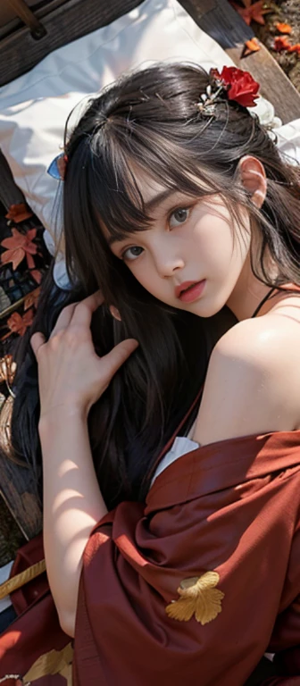 NSFW, (Official art、Best Quality、Unity 8k Wallpapers、32K、​masterpiece、ultra-detailliert、超A high resolution、realisitic、Photorealsitic、Raw photo:1.2)、(Cinematic lighting:1.2)、(Full body)、Fireglow effect、The grainiest shadow of the film、Rim lighting、side light all body, Highly detailed background、beauitful face、(super detailed skin、detailed skin textures:1.3)、Close-up of a statue in a field of red leaves, covered with fallen leaves, Red leaves on the ground, Autumn garden, Beautiful Autumn Spirits, covered with leaves, aomori japan, in autumn, red leaves, in japanese garden, in autumn, during autumn, autum, traditional japanese colors, japan nature、(From  above、Lie down:1.3)、(outside of house、Floral hair ornament、beauty legs)、thighs thighs thighs thighs、20-year-old beauty、Beautiful black color hair、Blunt bangs