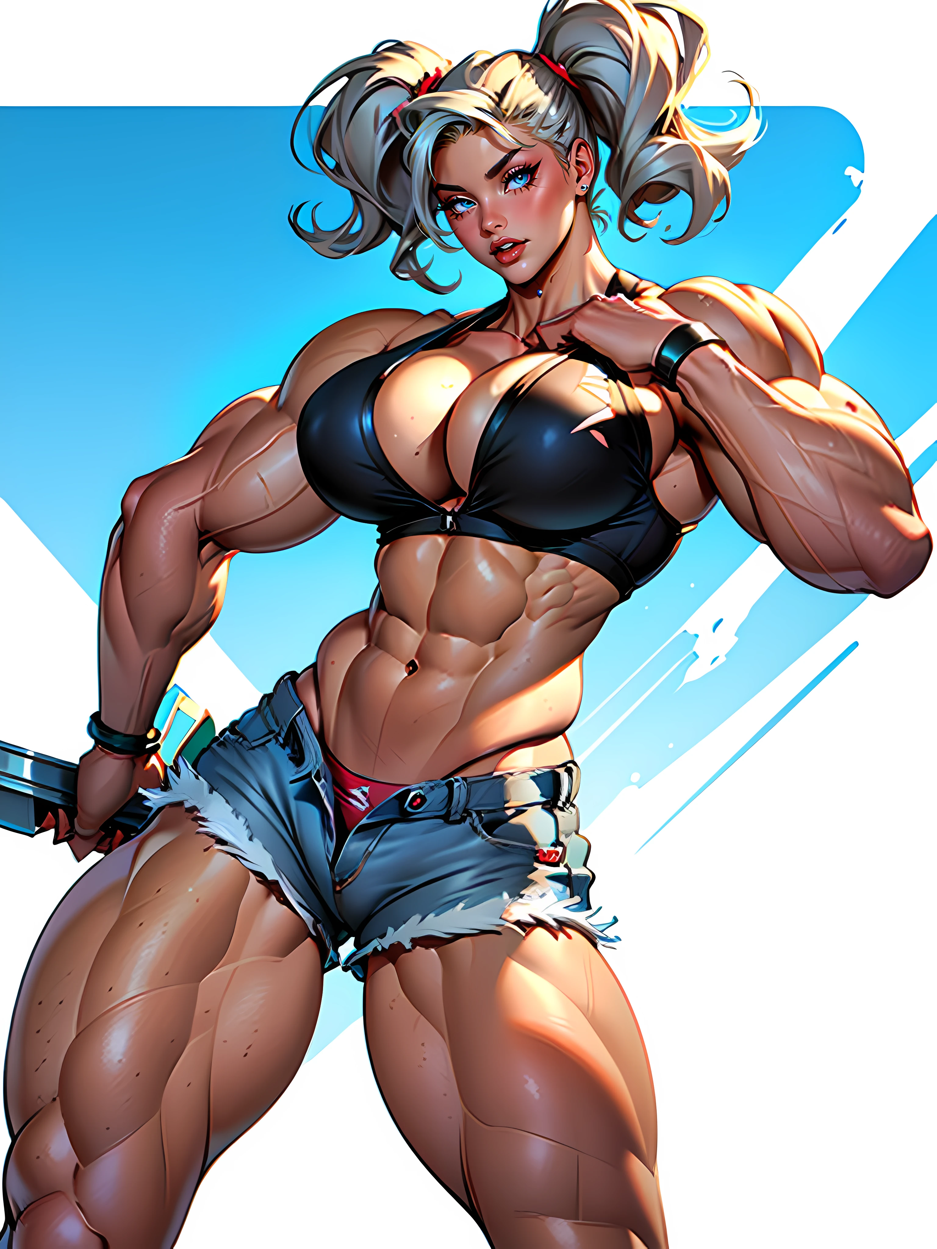 (high quality, best rendering), (beautiful girl), blue eyes, gray hair(bombshell, pin-up style), psychopath, crazy face, sexy pose, jean short shorts, tank top, pastel, centered, scale to fit dimensions, micro thong, micro bikini, camel toe, ((huge breasts)), ((bodybuilder)), ((((giantic muscles))))