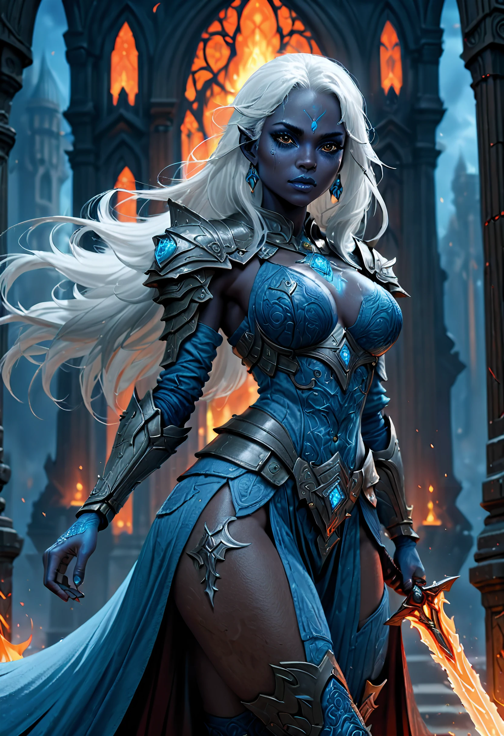 fantasy art, dnd art, RPG art, drkfntasy wide shot, (masterpiece: 1.4) portrait, intense details, highly detailed, photorealistic, best quality, highres, glowing particle portrait a vedalken female (fantasy art, Masterpiece, best quality: 1.3) (blue skin: 1.5), intense details facial details, exquisite beauty, (fantasy art, Masterpiece, best quality)cleric, (blue colored skin: 1.5) blue skinned female, (white hair: 1.3), long hair, intense green eye, fantasy art, Masterpiece, best quality) armed a fiery sword red fire, wearing heavy (white: 1.3) half plate mail armor CM-Beautiful_armor wearing high heeled laced boots, wearing an(orange :1.3) cloak, wearing glowing holy symbol GLOWING EARRINGS, within fantasy temple background, reflection light, high details, best quality, 16k, [ultra detailed], masterpiece, best quality, (extremely detailed), close up, ultra wide shot, photorealistic, RAW, fantasy art, dnd art, fantasy art, realistic art,