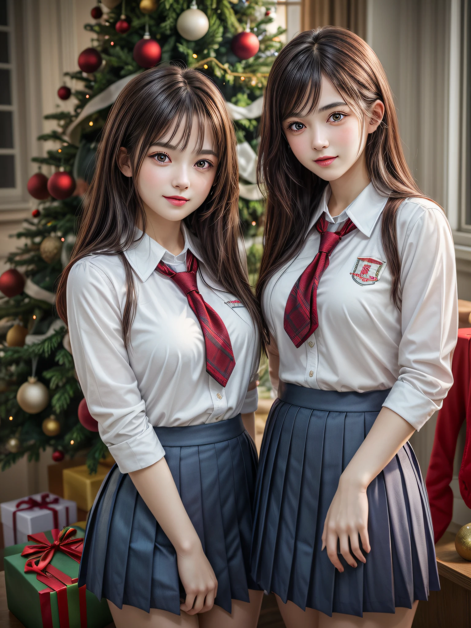 (2girls:1.4), Extremely cute, amazing face and eyes beautiful nice smile), (extremely detailed beautiful face), bright and shiny lips, (School uniform, Pleated skirt:1.3), (Best Quality:1.4), (hyper quality), (Ultra-detailed), (Hyper-realistic, Photorealsitic:1.37), Authentic skin texture, intricate-detail, extremely detailed CG unified 8k wallpaper, RAW Photos, professional photograpy, Cinematic lighting, Exposing, Christmas tree, Christmas Ornaments, Christmas Decorations, Christmas Lights, Christmas Lights,