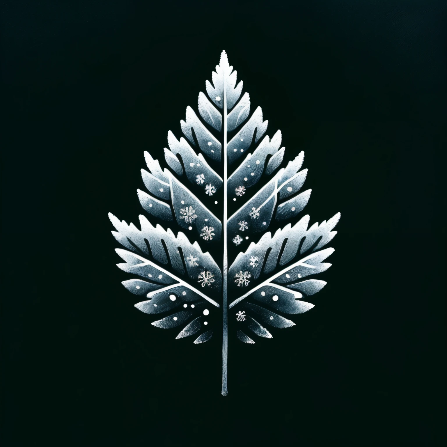 There is a leaf on a black background,There are snowflakes on it, Intricate art deco leaf design, An intricate leaf of fantasy, Fractal leaves, very detailed leaves, very detailed leaves, very detailed illustration, inspired by Petros Afshar, Beautifully detailed illustrations, Made from leaf skeleton, Jungian Symbols of Winter, high detail illustration, Plume made of fractals