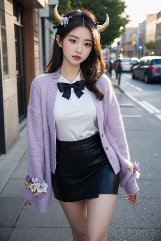 tmasterpiece, Best quality at best, A high resolution, hmsl1, Horned headdress, hairflower, x hair ornamen, whitesweater, purple jacket, florals, longer sleeves, Open your clothes, Black bow, The sleeve exceeds the wrist, a skirt, cow boy shot, Outdoor activities, the street, Permanent