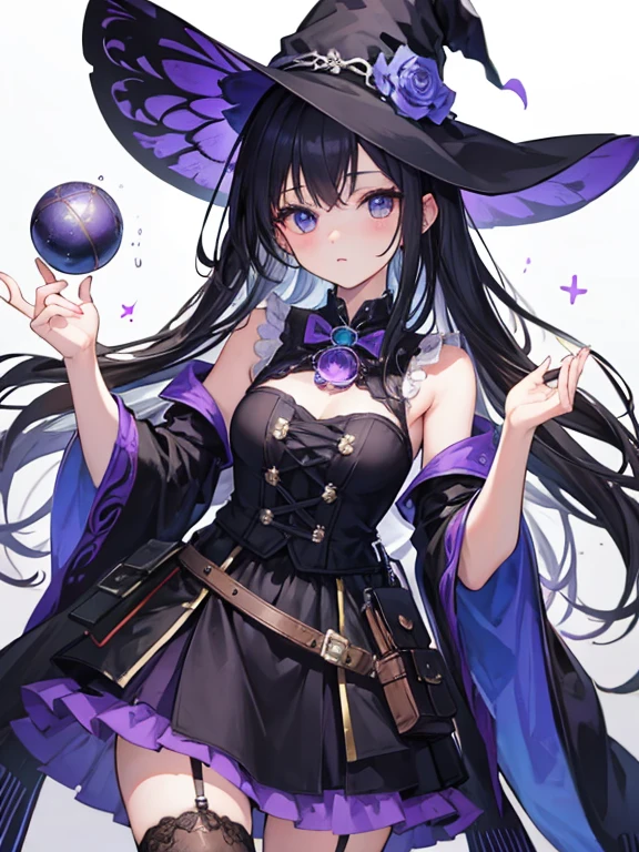 Create a  Girl with a Cute Face. Wearing a Witch Outfit. Her Witch Outfit Needs to be Purple. And she should have BLACK Hair. A Grimoire in her Left Hand. And Background Of Witch's Pot in the background with a Creepy Scenary